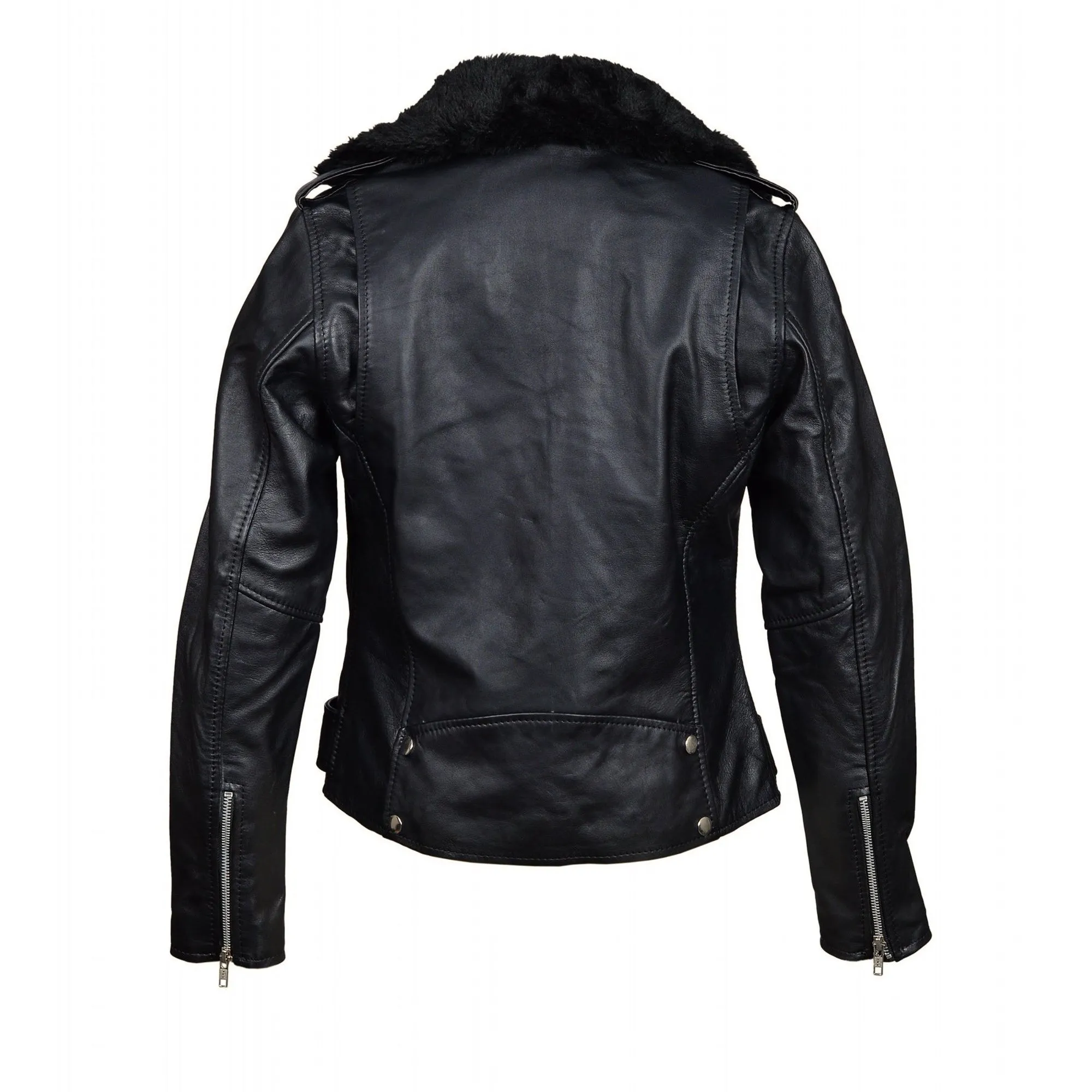 Eira’s Biker Style Leather Jacket With Fur Collar