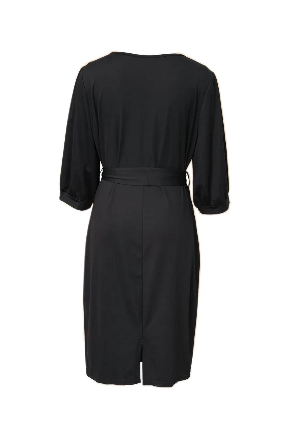 Elegant Black Puff Sleeve Wrap V Neck Plus Size Midi Dress