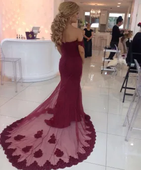 Elegant Long Burgundy Mermaid Prom Dresses 2019 Lace Appliques