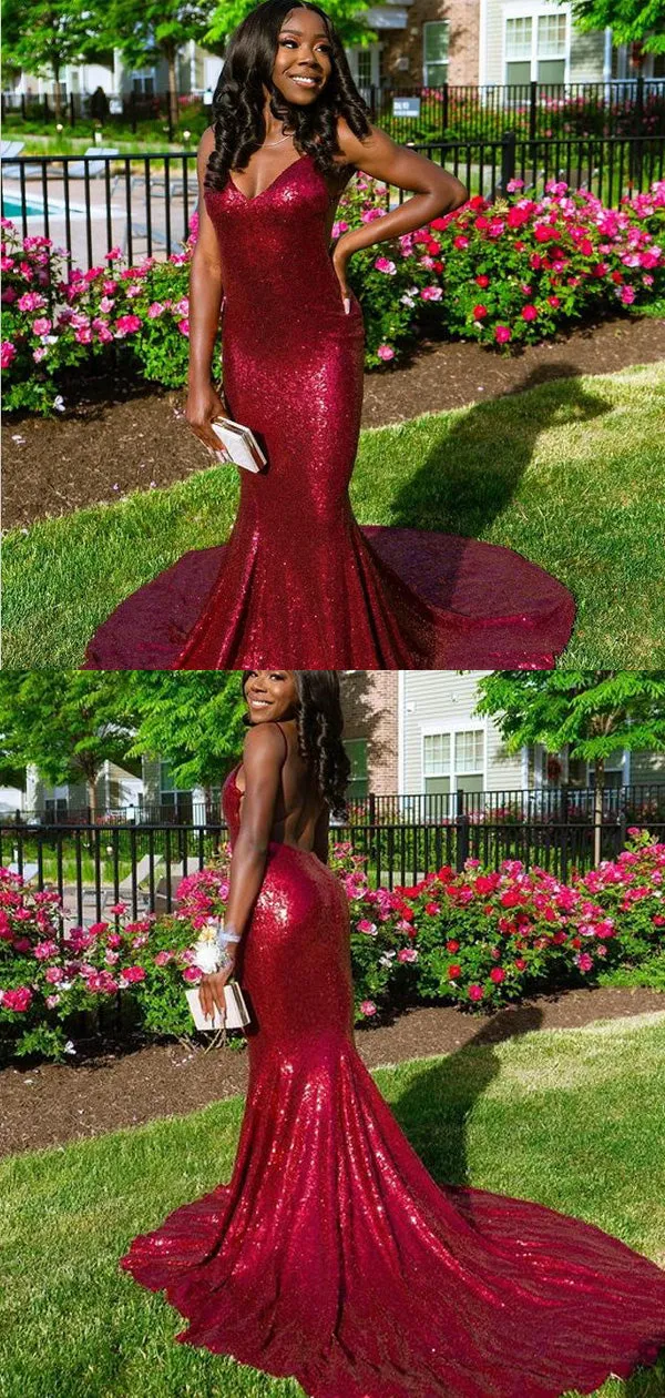 Elegant Mermaid V-neck Sequin Simple Long Prom Dresses, PDS0116