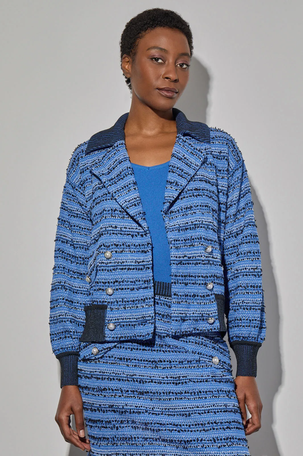 Eyelash Tweed Knit Bomber Jacket