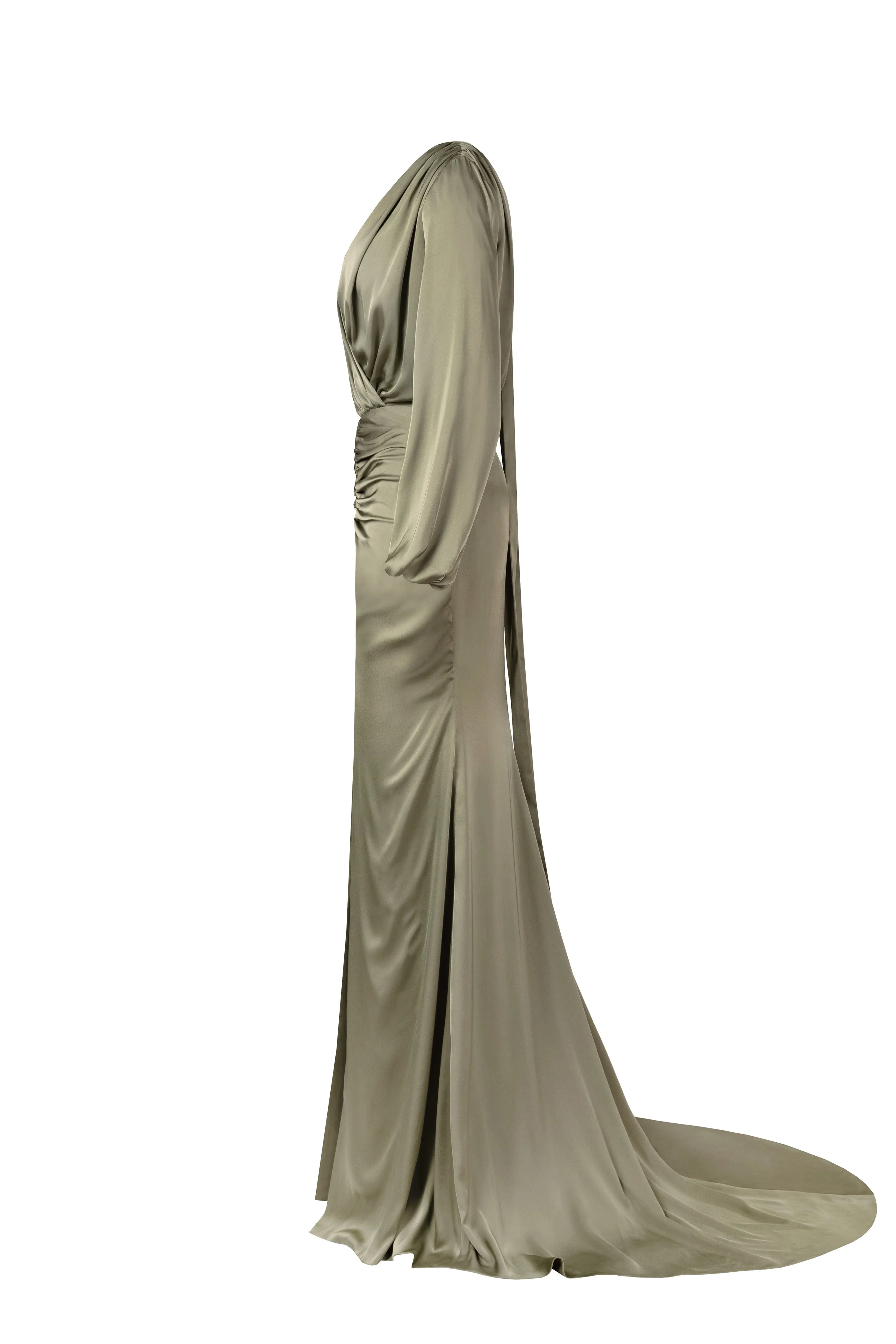 Fancy olive silk maxi evening dress