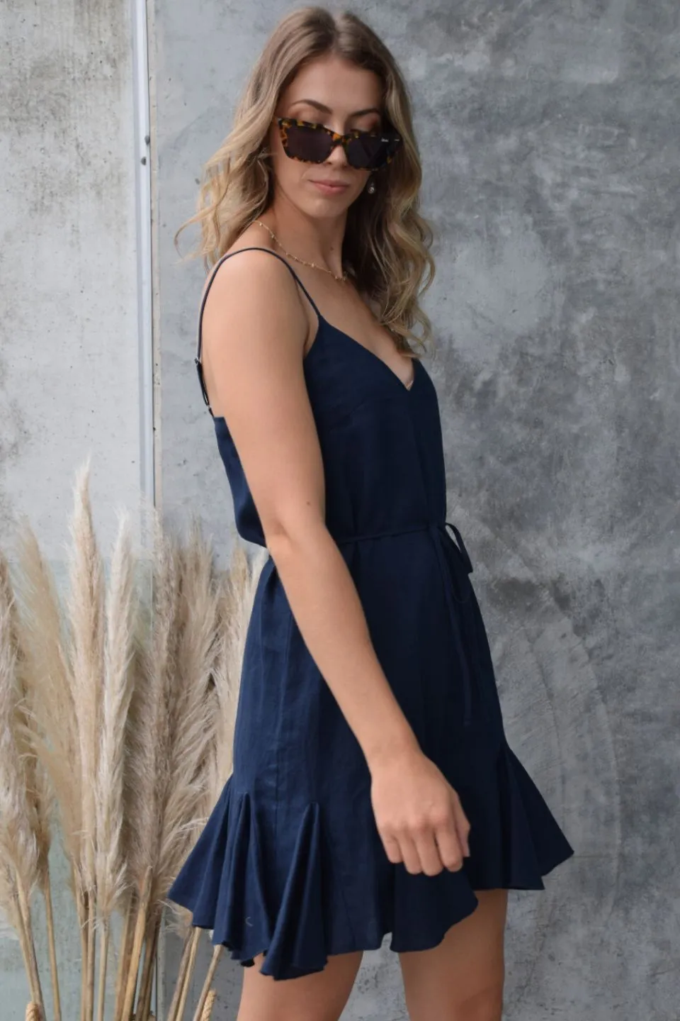 Fantasy Dark Navy Strappy Godet Linen Mini Dress