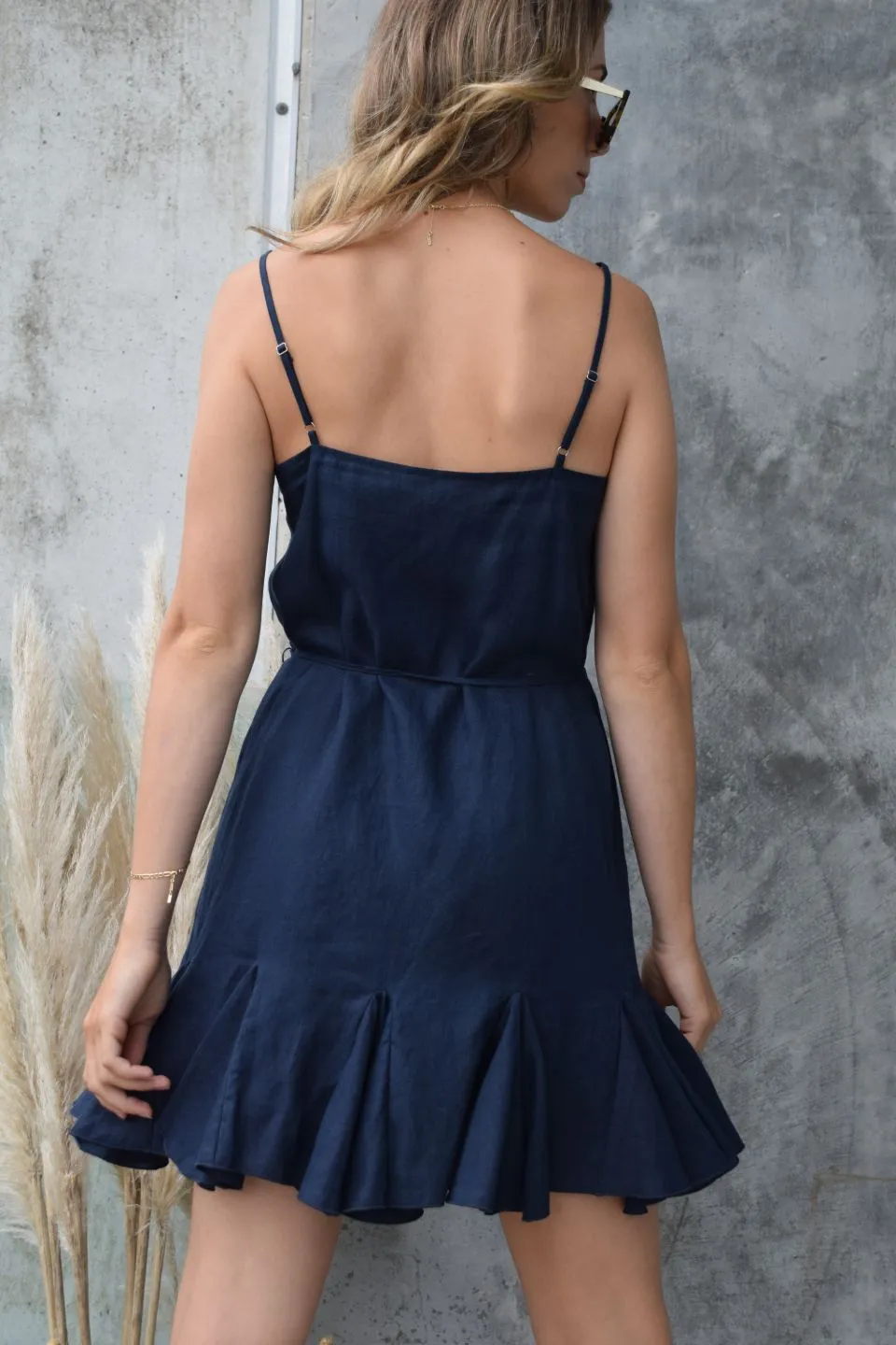 Fantasy Dark Navy Strappy Godet Linen Mini Dress