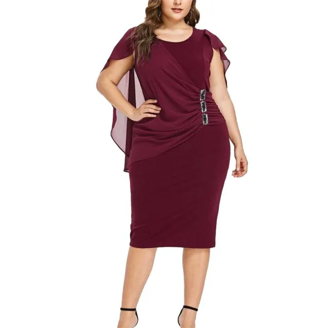 Fashion Women Plus Size Cape O-Neck Chiffon Patchwork Double Layer Casual Loose Lady Office Party Midi Pencil Dress