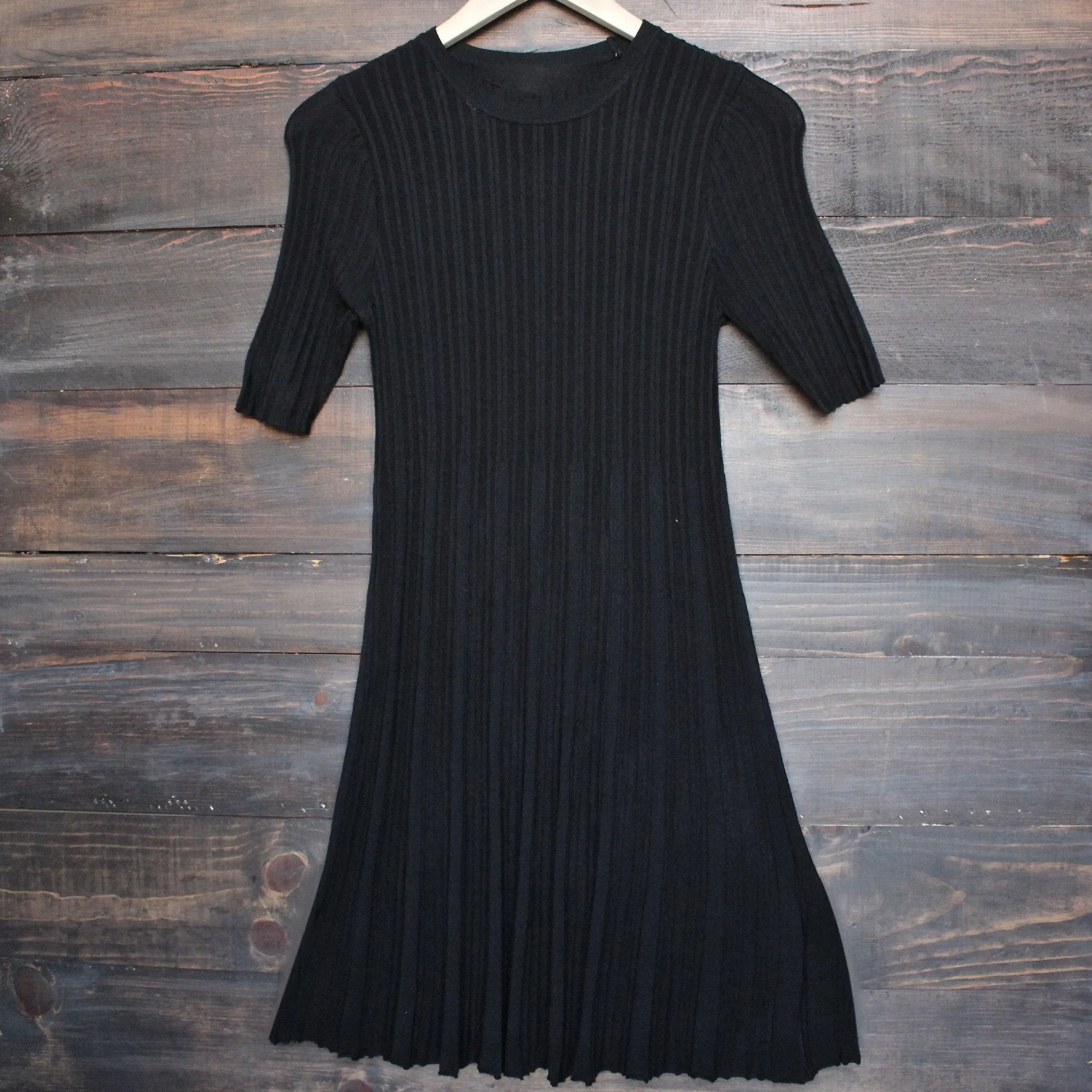 Final Sale - Cotton Candy Ribbed Babydoll Mock Neck Sweater Dress - Black