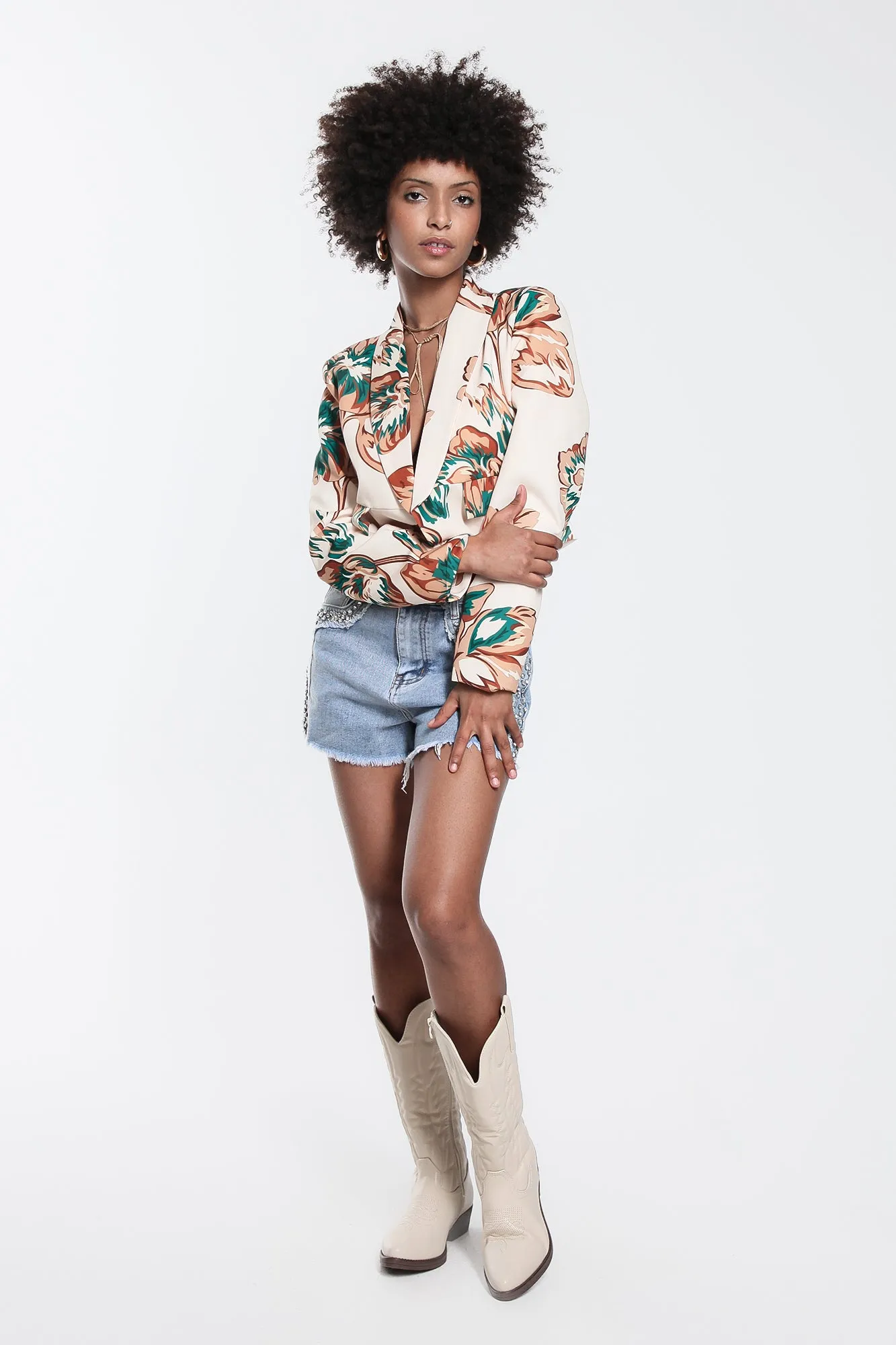 Floral Printed Cropped Blazer