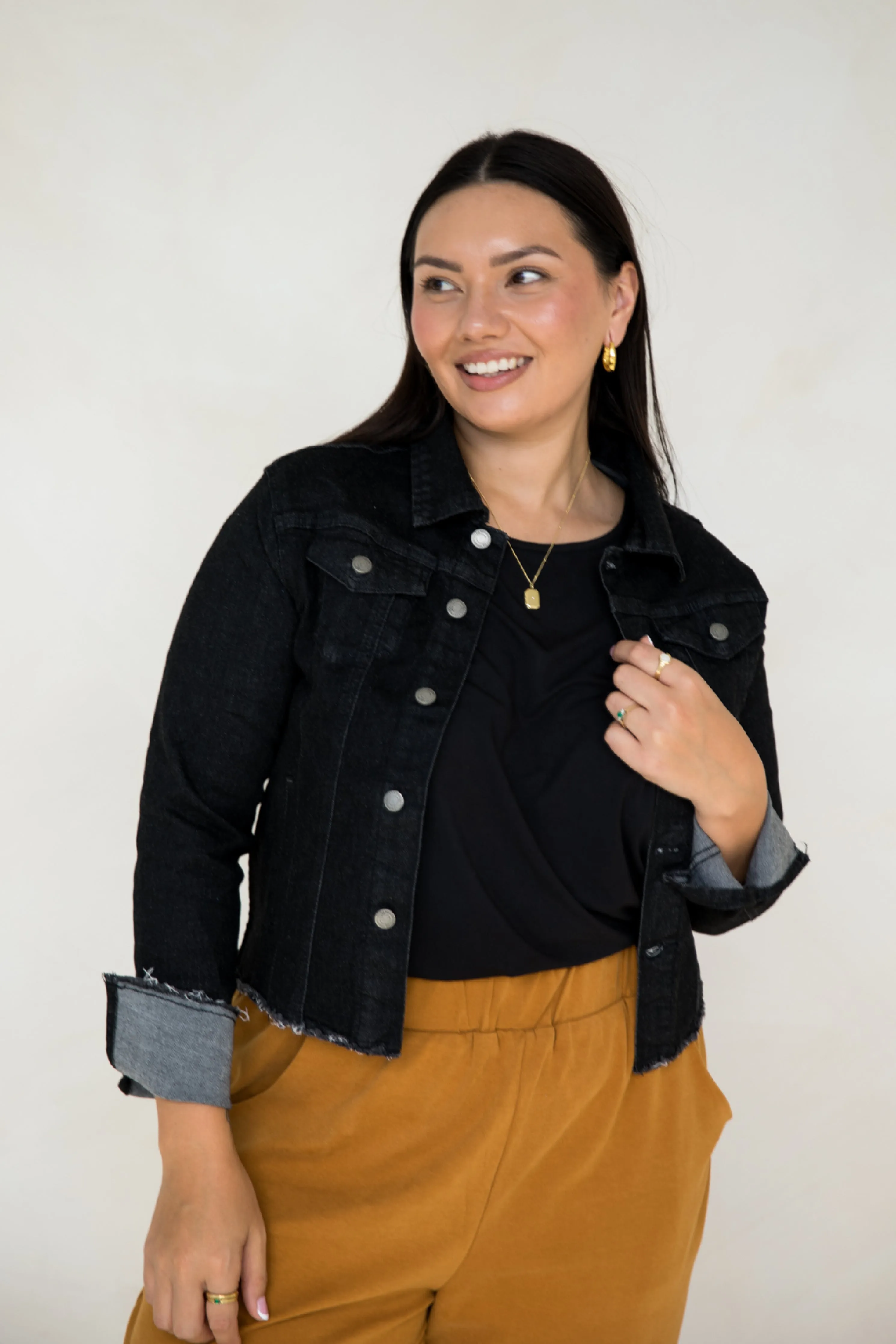 Frayed Denim Jacket in Black