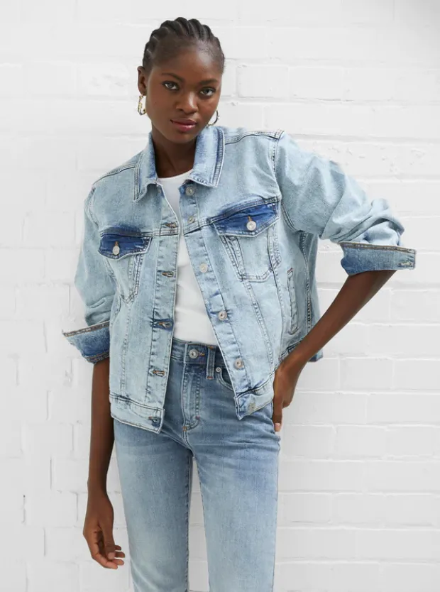 French Connection Acid Wash Stretch Conscious Trucker Denim Jacket