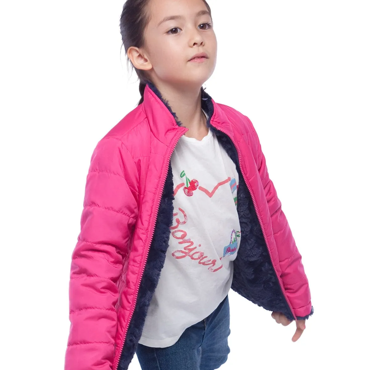 Girls' Reversible Sherpa Fleece Puffer Jacket