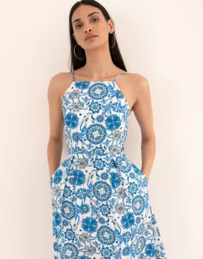 Goreti Cotton Midi Dress - Space Flower Blue