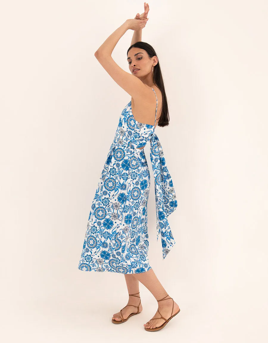 Goreti Cotton Midi Dress - Space Flower Blue