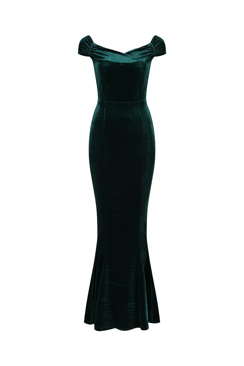 Green Cap Sleeve Crossover Bust Fishtail Hem Velour Maxi Dress