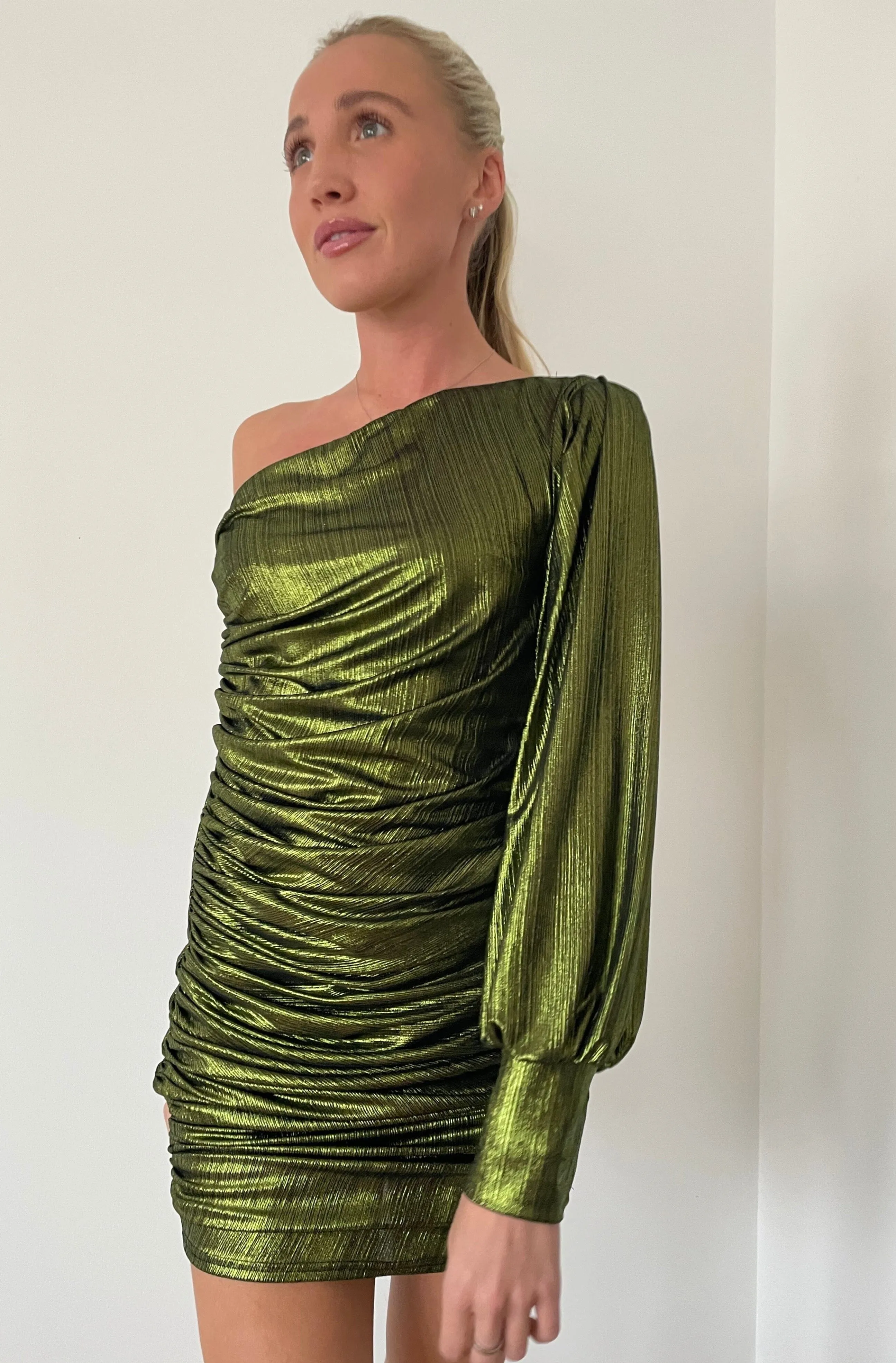 Green Ruch Metallic Foil Dress