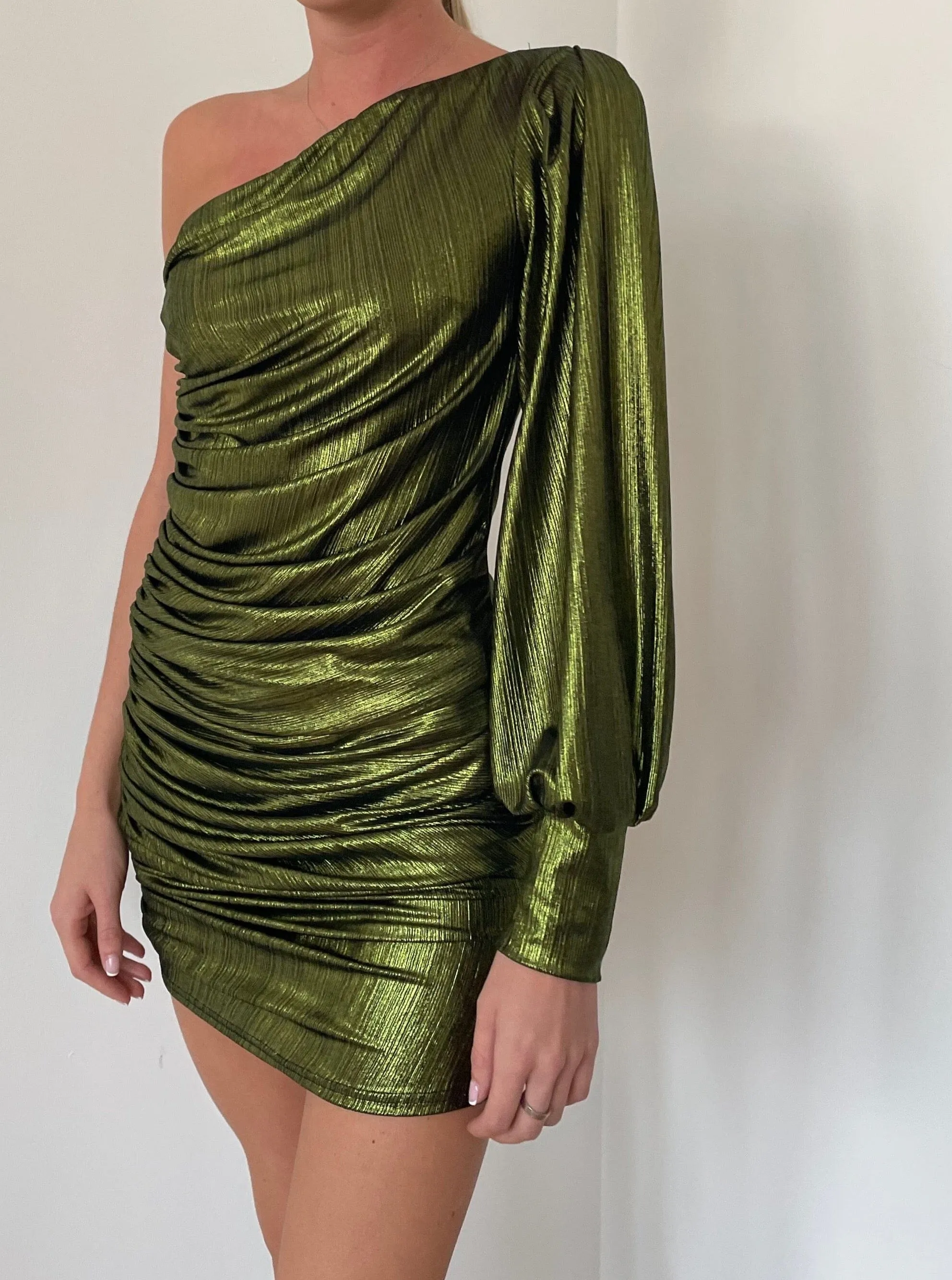 Green Ruch Metallic Foil Dress