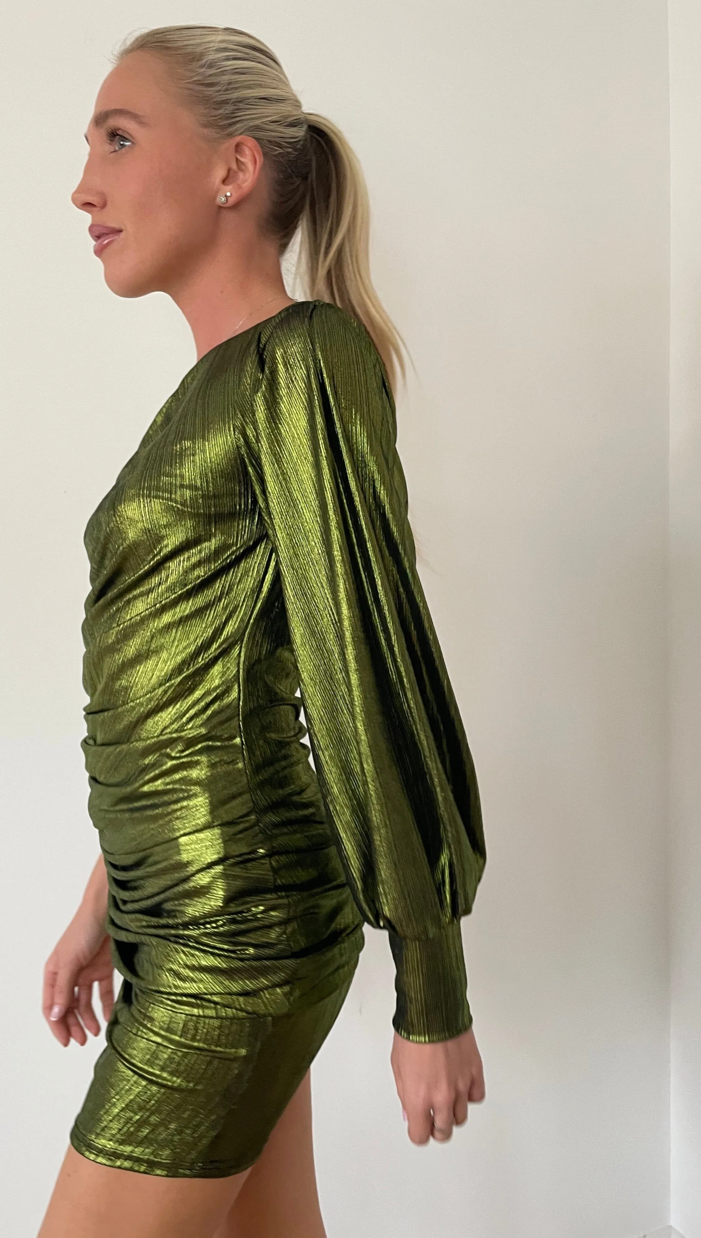 Green Ruch Metallic Foil Dress