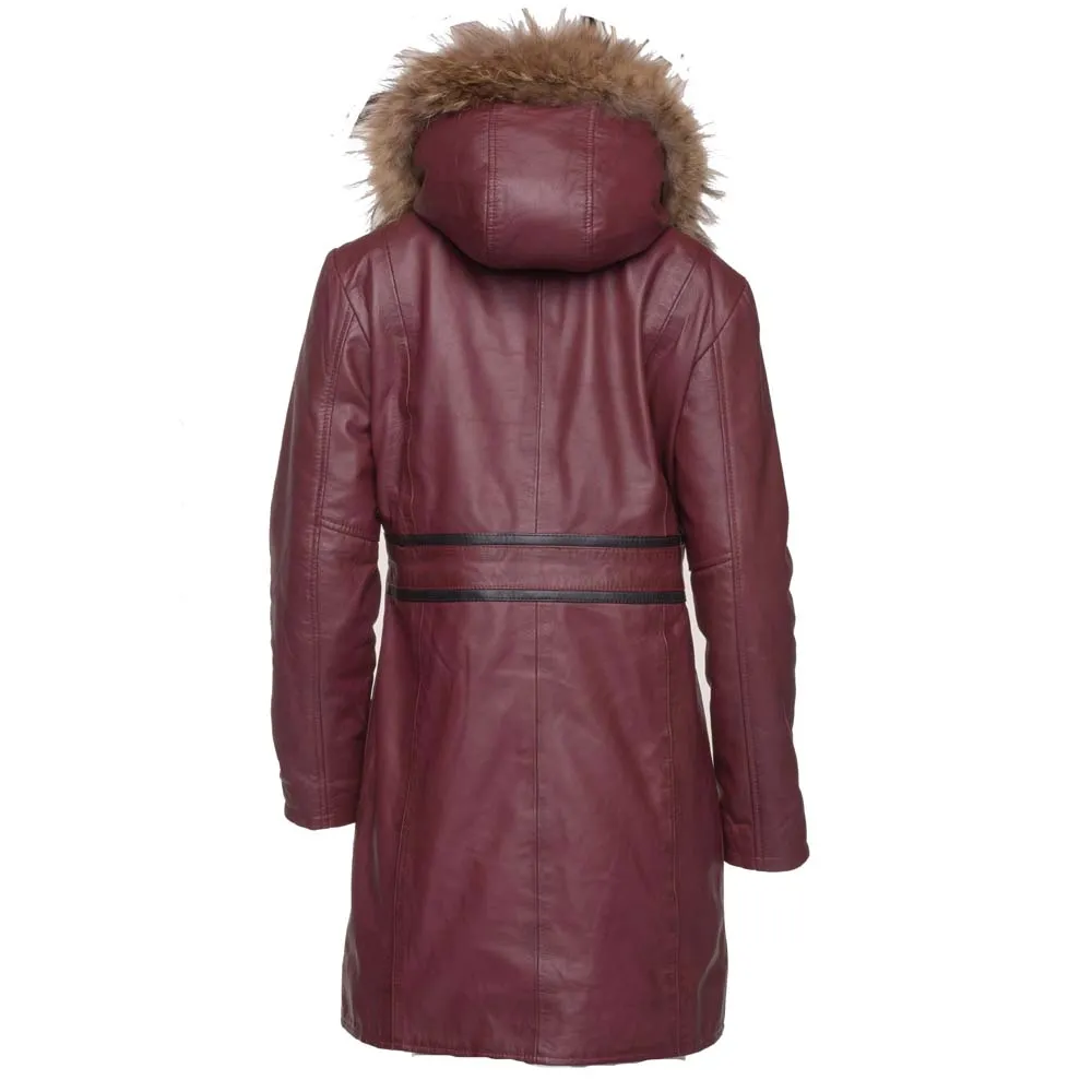 Hannah's Burgundy 3/4 length Double breasted leather jacket with real fox fur hoodie