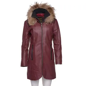 Hannah's Burgundy 3/4 length Double breasted leather jacket with real fox fur hoodie