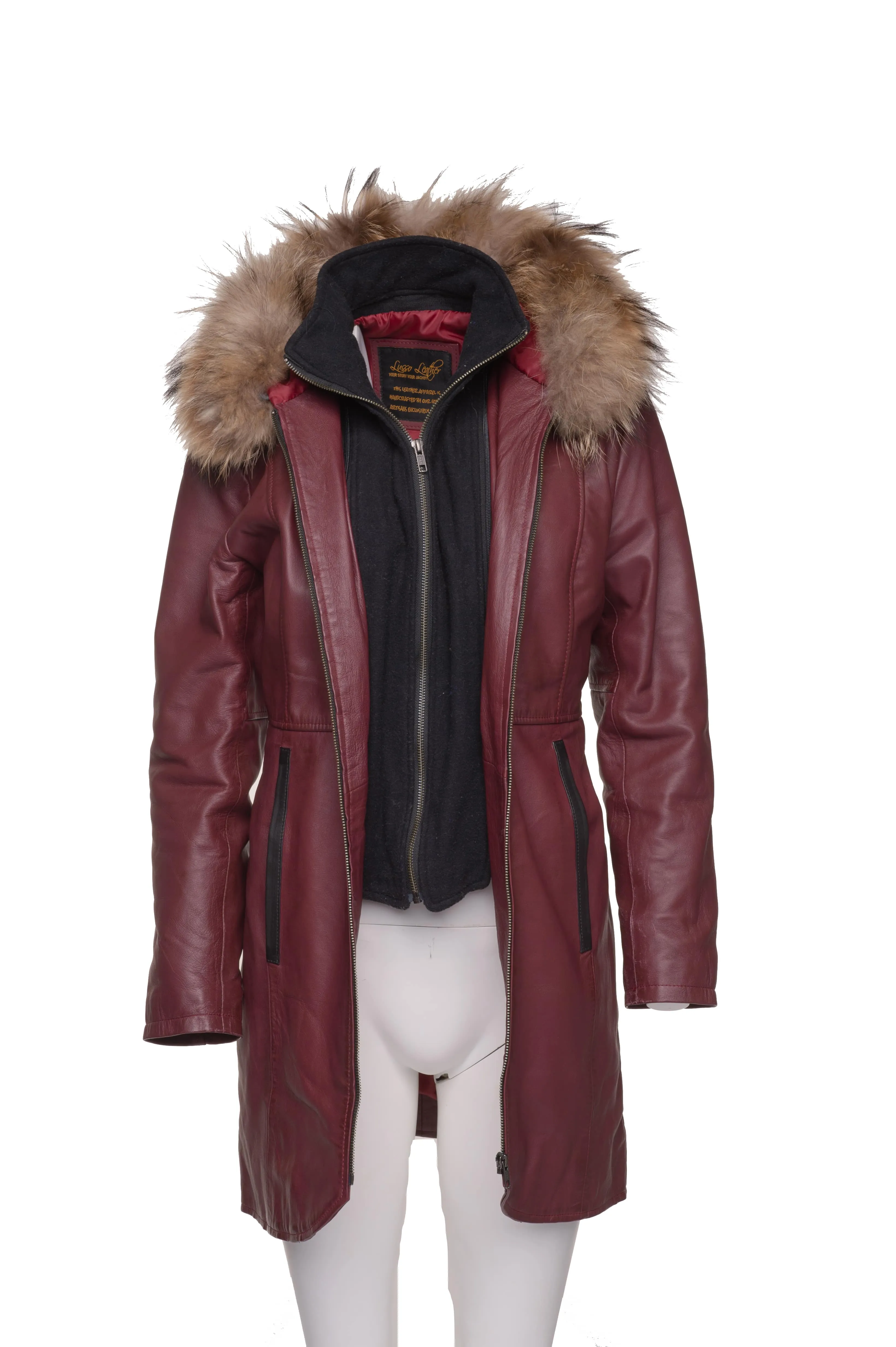 Hannah's Burgundy 3/4 length Double breasted leather jacket with real fox fur hoodie