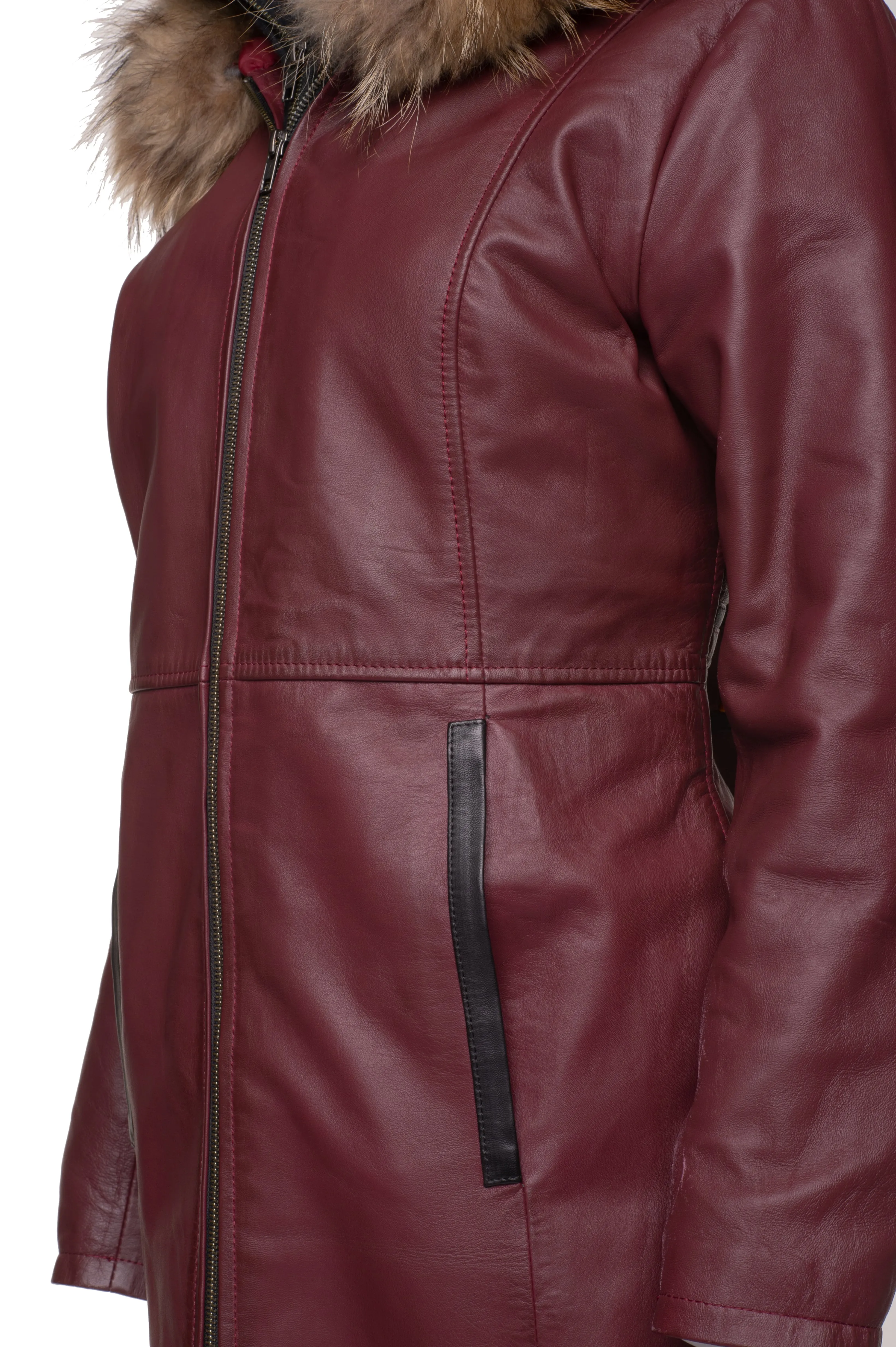 Hannah's Burgundy 3/4 length Double breasted leather jacket with real fox fur hoodie