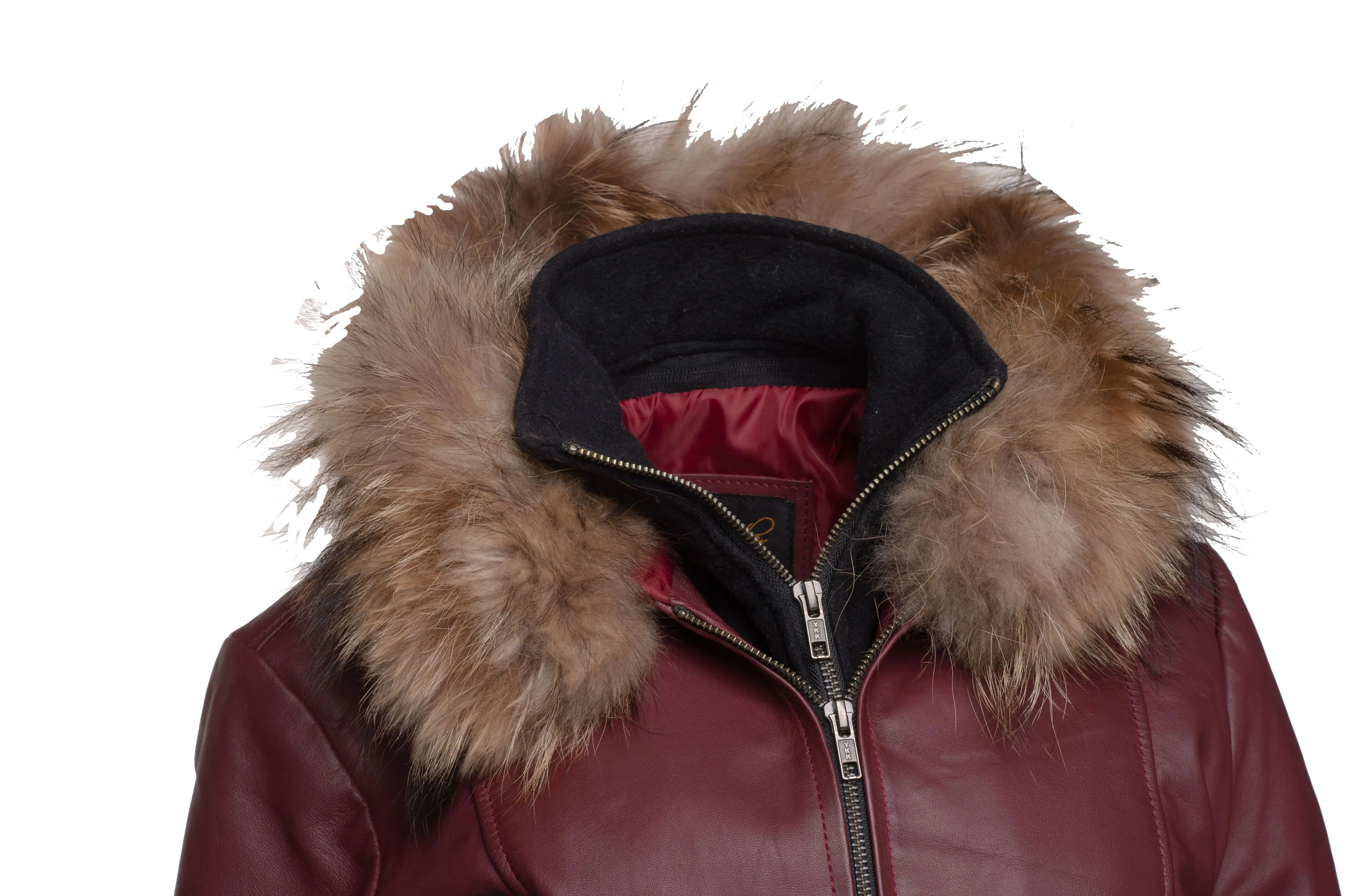 Hannah's Burgundy 3/4 length Double breasted leather jacket with real fox fur hoodie