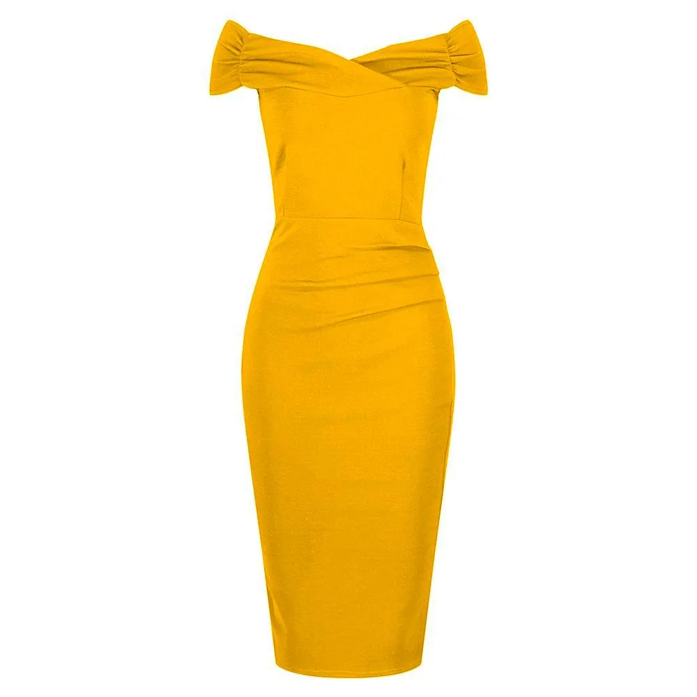 Honey Mustard Yellow Cap Sleeve Crossover Top Bardot Wiggle Dress