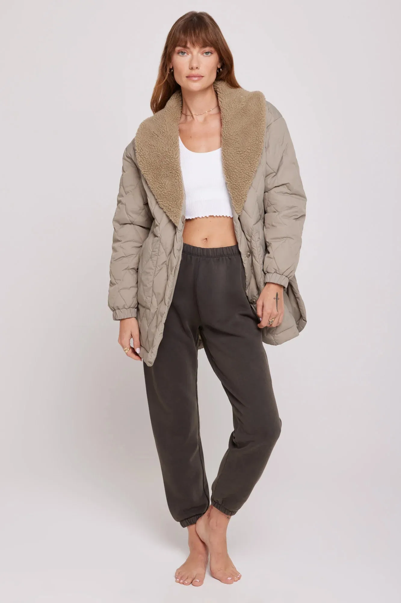 Ivy Quilted Sherpa Jacket: Dark Matcha