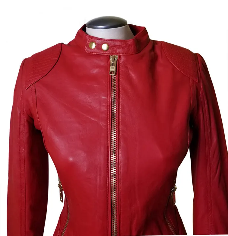 Kirby’s Red Leather Jacket With Buttoned Collar