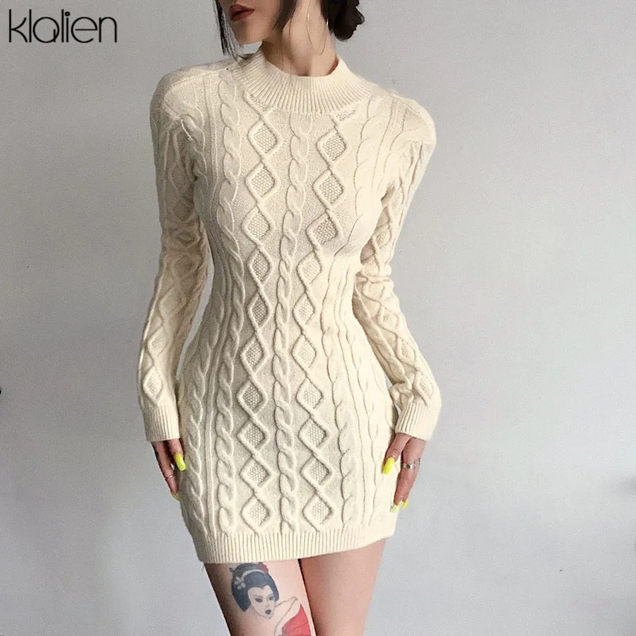 KLALIEN Simple Solid Long Sleeve Turtleneck Sweater Dress Autumn New Women Warm Streetwear Slim Stretch Mini Bodycon Dresses