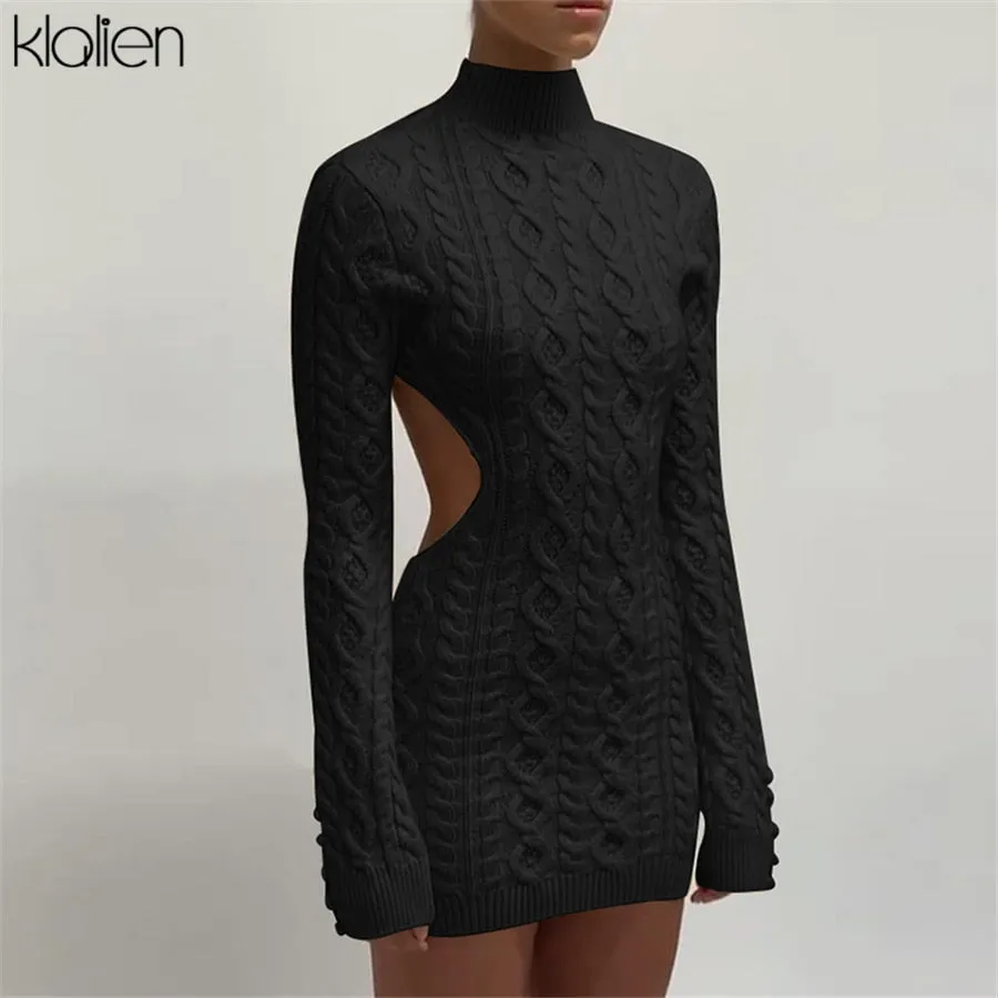 KLALIEN Simple Solid Long Sleeve Turtleneck Sweater Dress Autumn New Women Warm Streetwear Slim Stretch Mini Bodycon Dresses