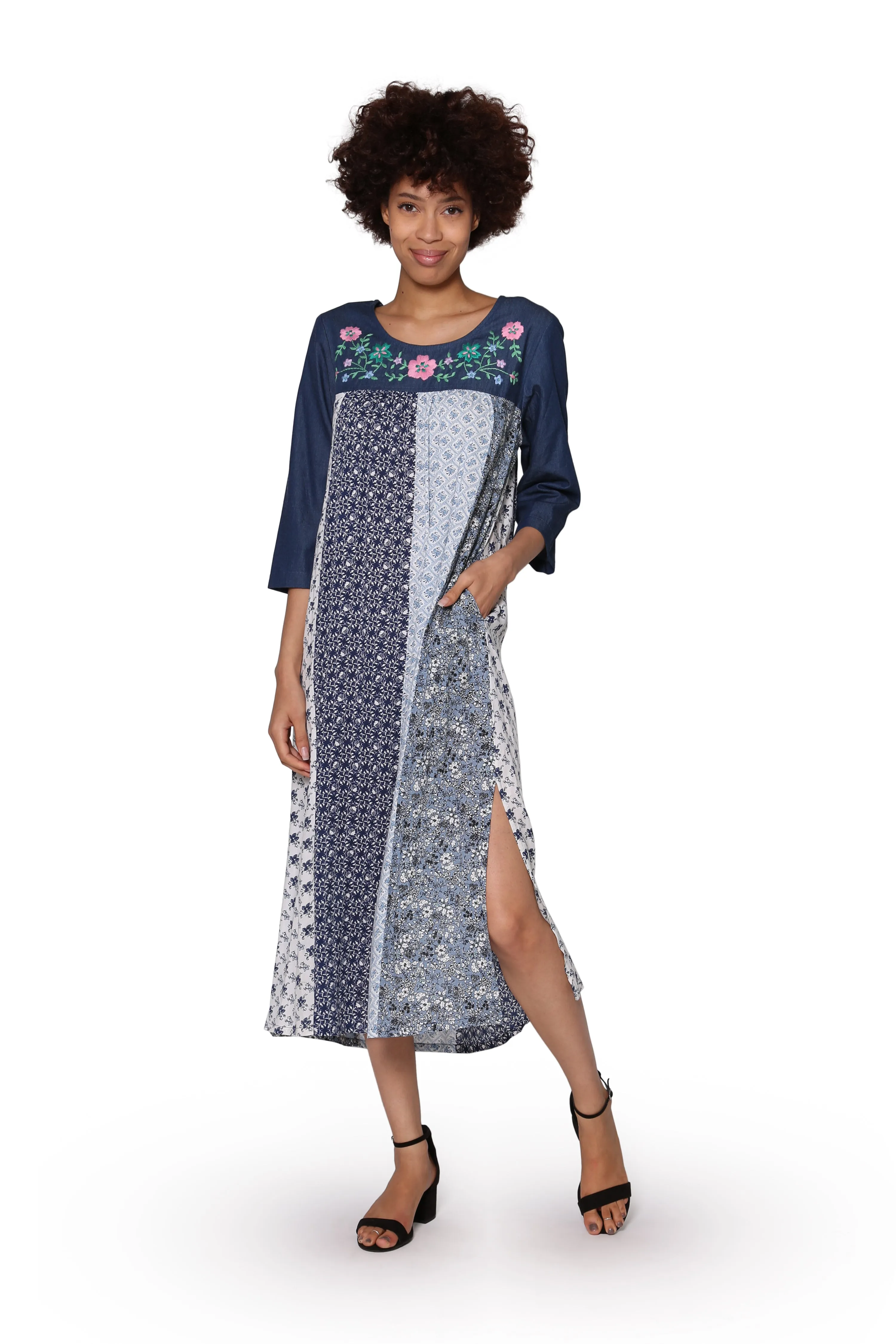 La Cera Floral Embroidered Rayon Dress