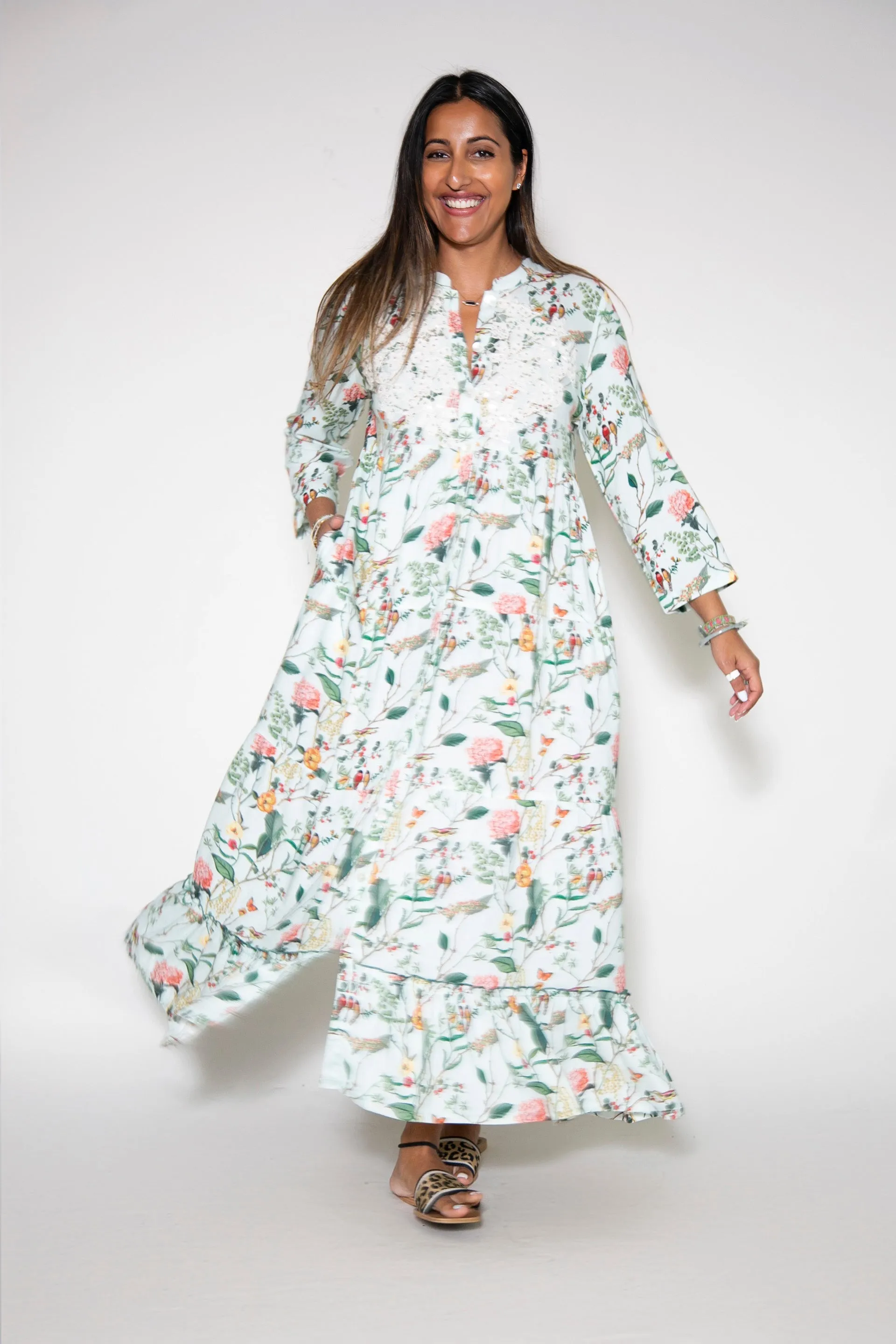 La Cera Lovebird Floral Print Maxi Dress