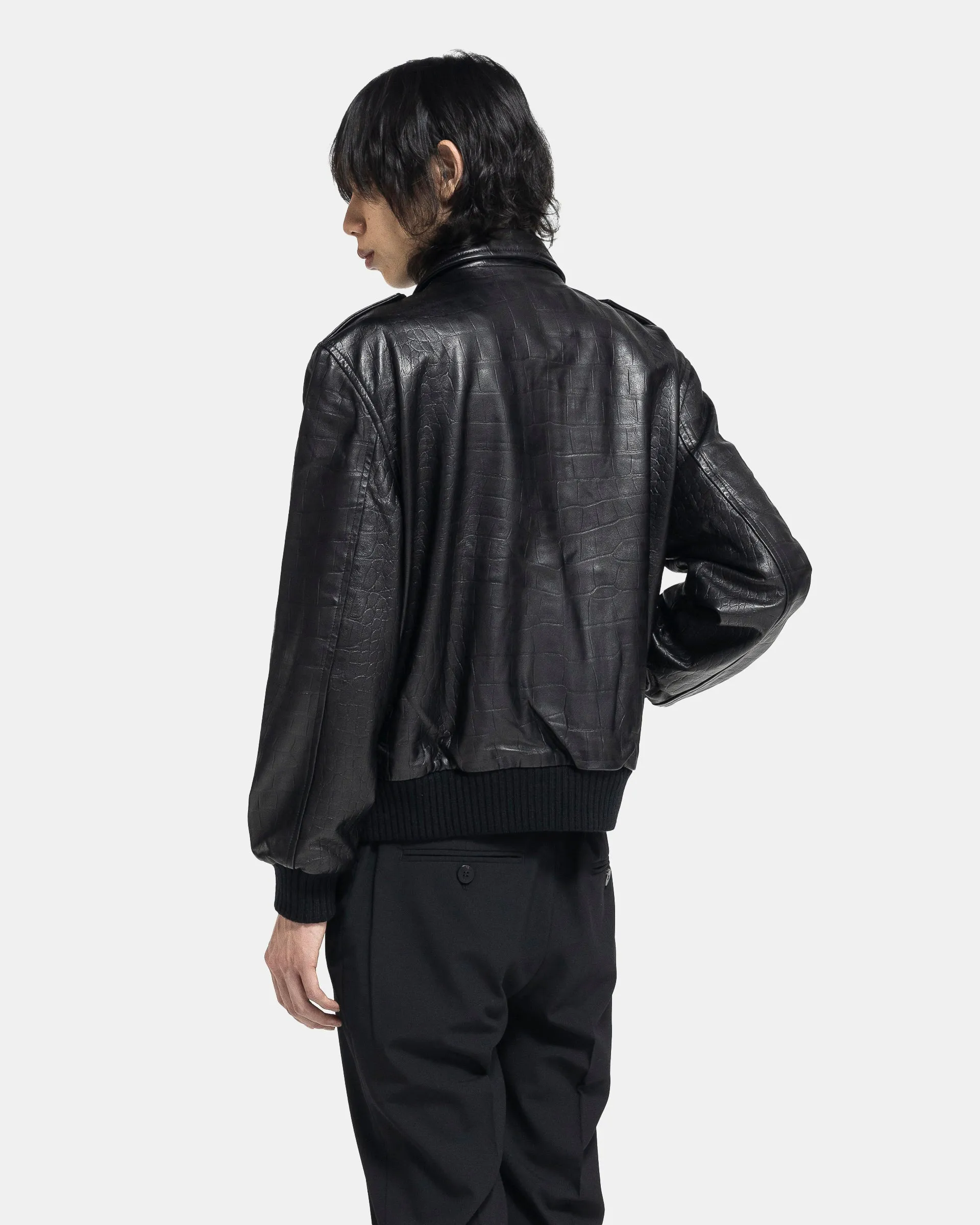 Leather 80's Bomber in Black Crocodile