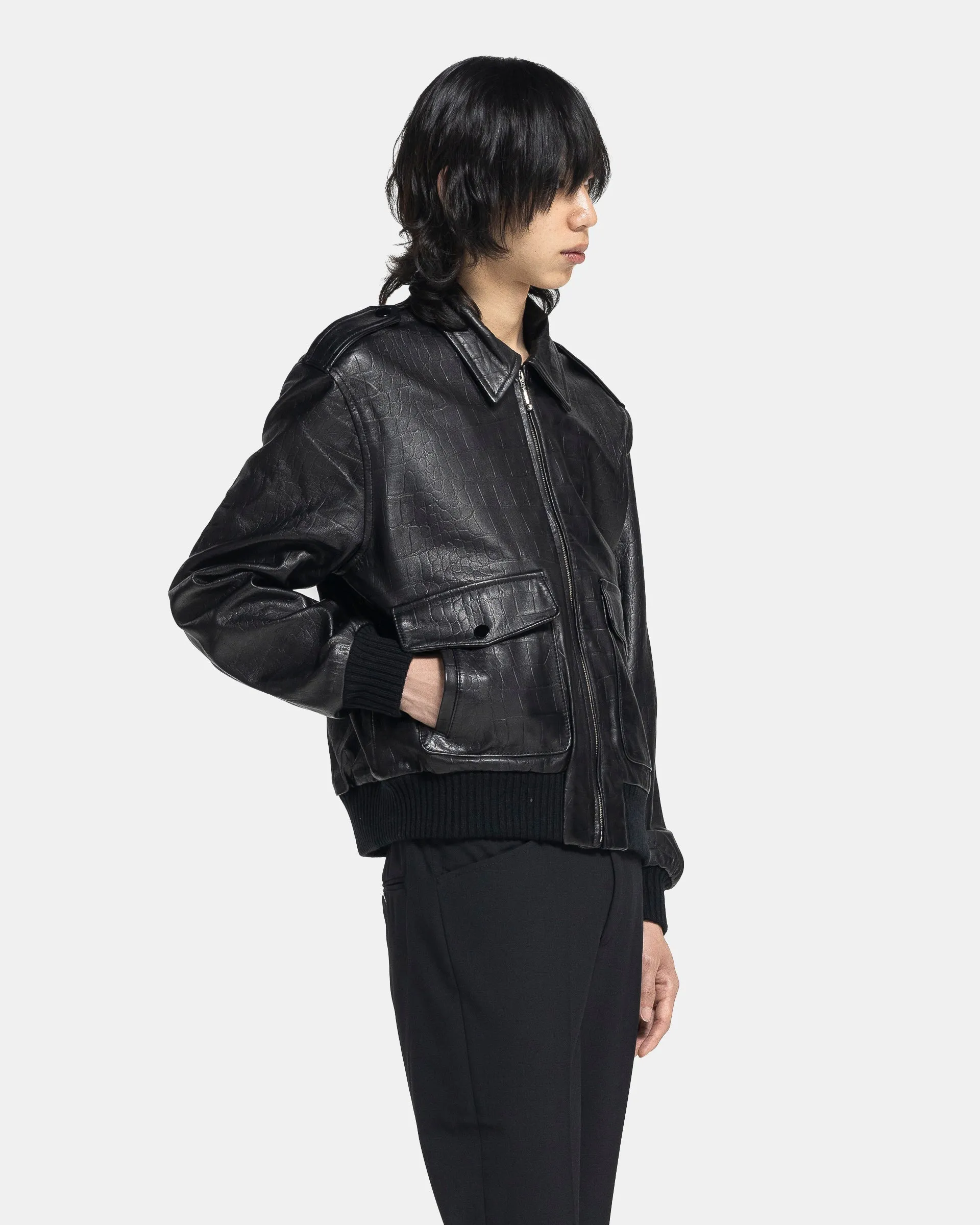 Leather 80's Bomber in Black Crocodile