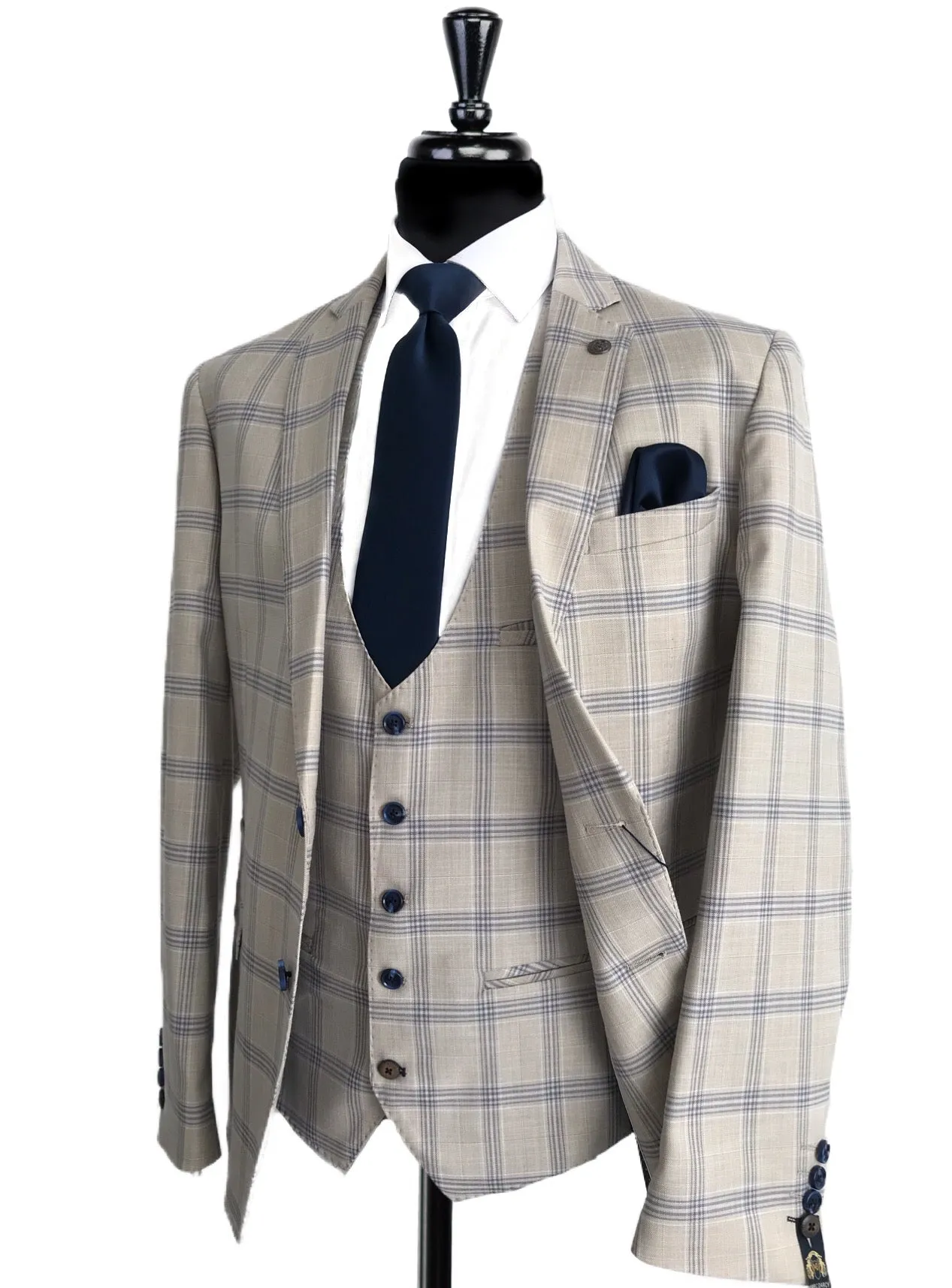 MARC DARCY Buxton Beige Check 3 Piece Suit