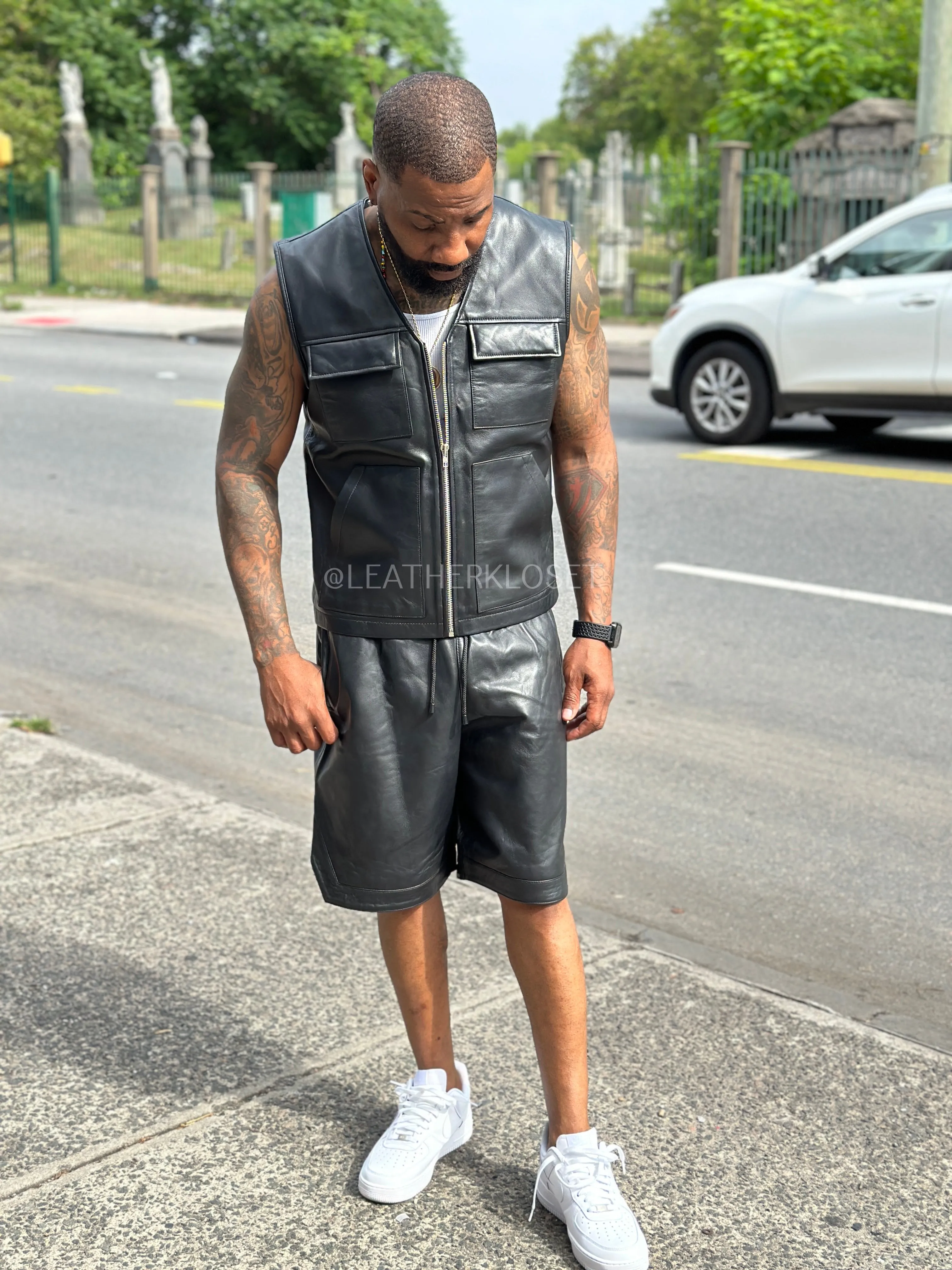 Men's 2 Live and Die Vest With Leather Shorts [Black]