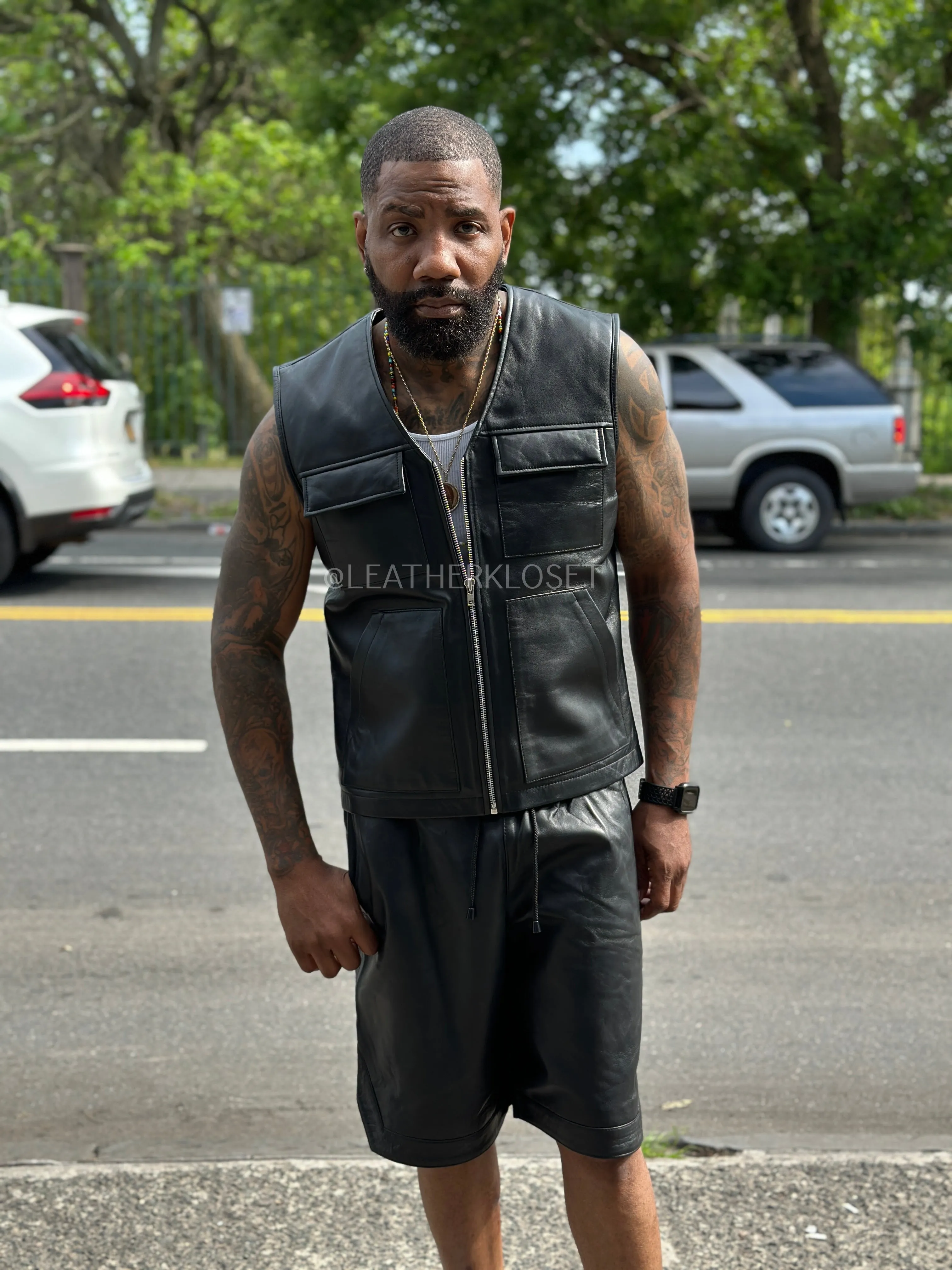 Men's 2 Live and Die Vest With Leather Shorts [Black]