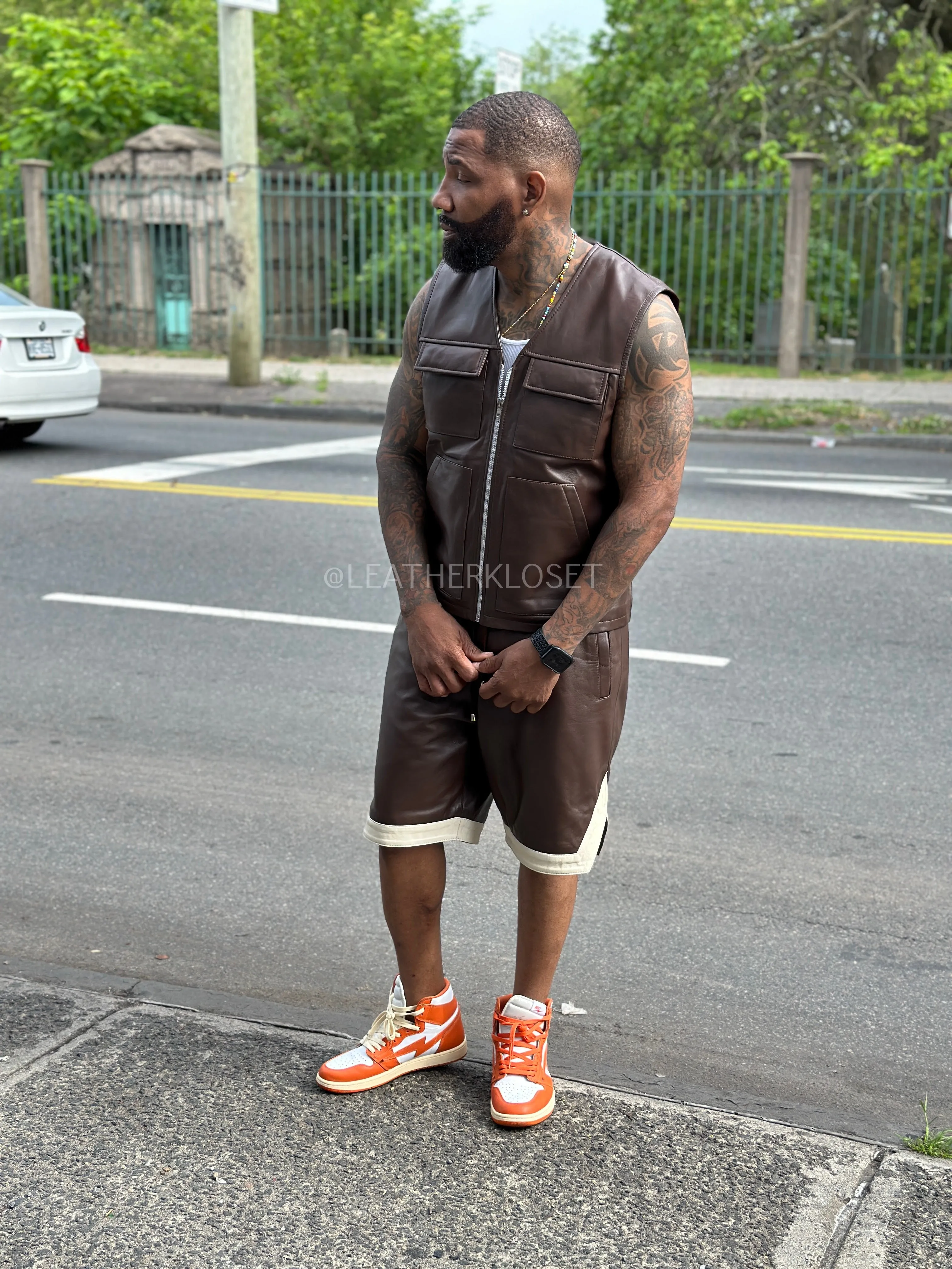 Men's 2 Live and Die Vest With Leather Shorts [Chocolate]