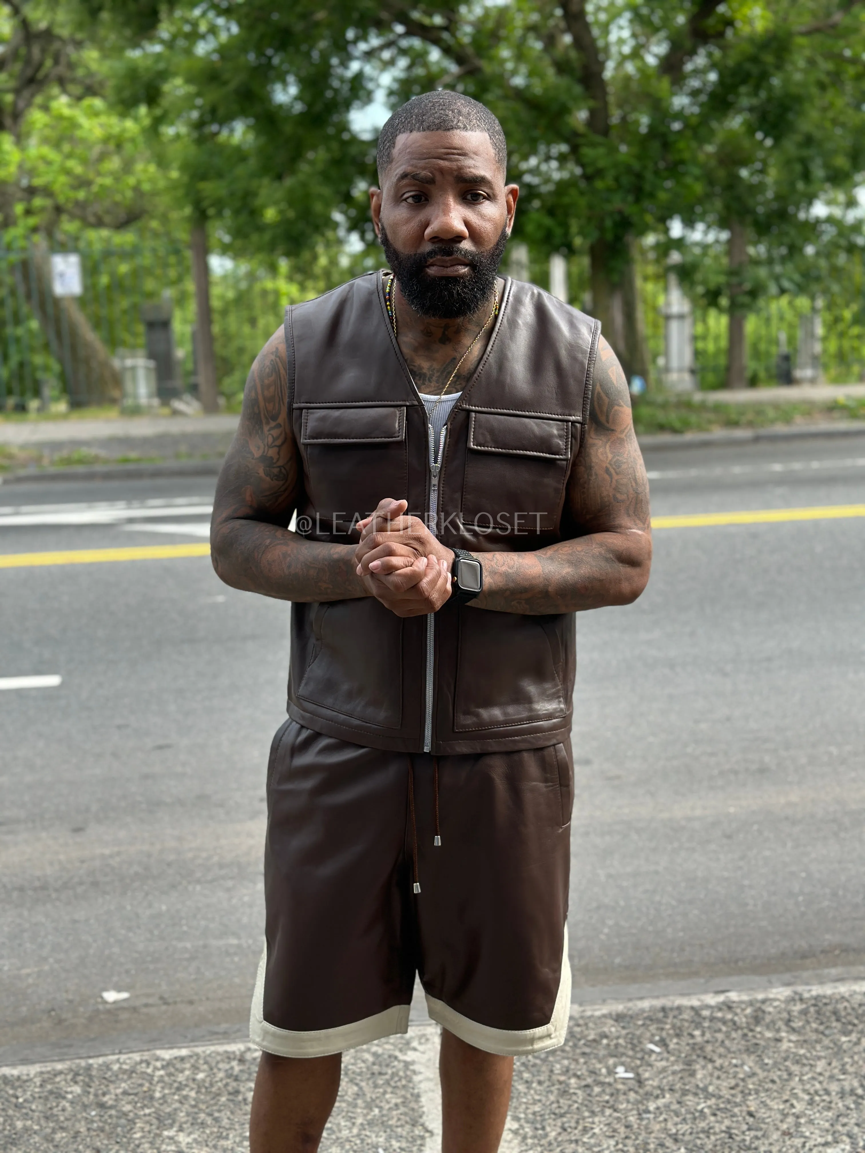 Men's 2 Live and Die Vest With Leather Shorts [Chocolate]