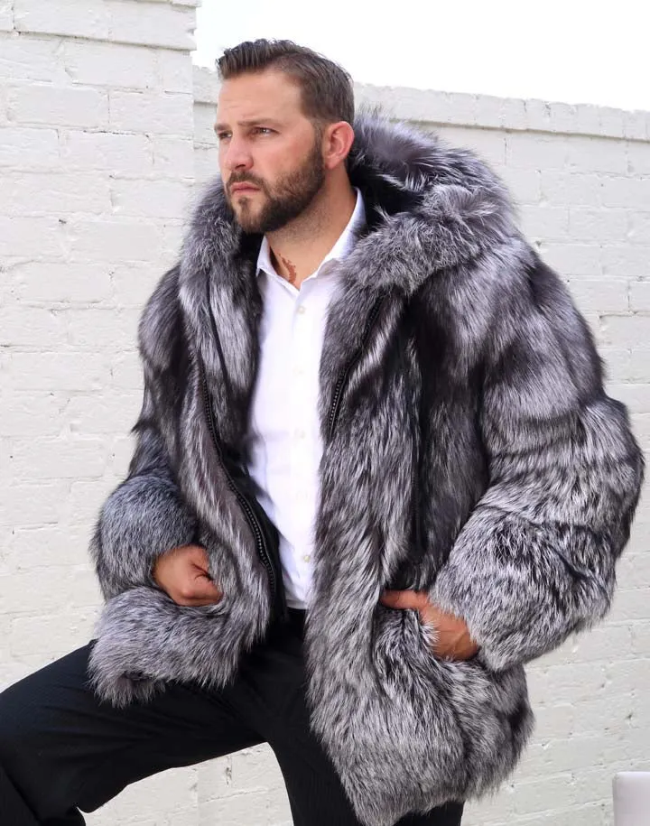 Men's Full Skin Silver Fox Fur Bomber Jacket