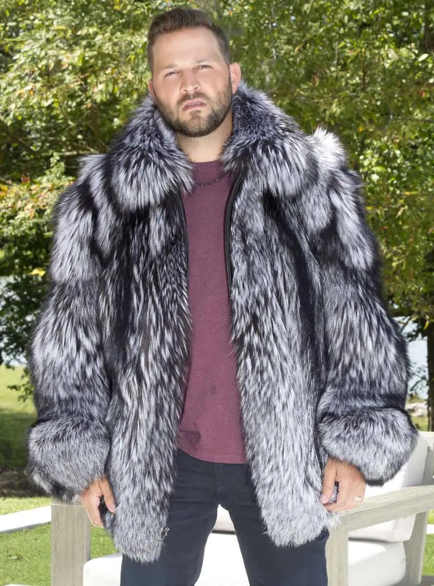 Men's Full Skin Silver Fox Fur Bomber Jacket