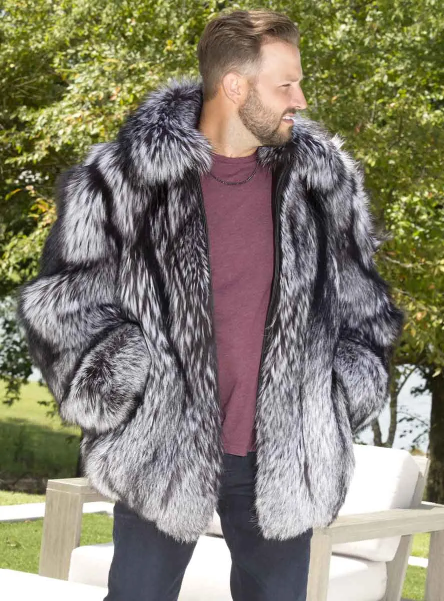 Men's Full Skin Silver Fox Fur Bomber Jacket