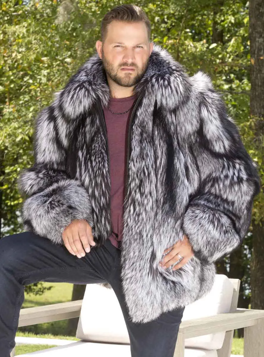 Men's Full Skin Silver Fox Fur Bomber Jacket