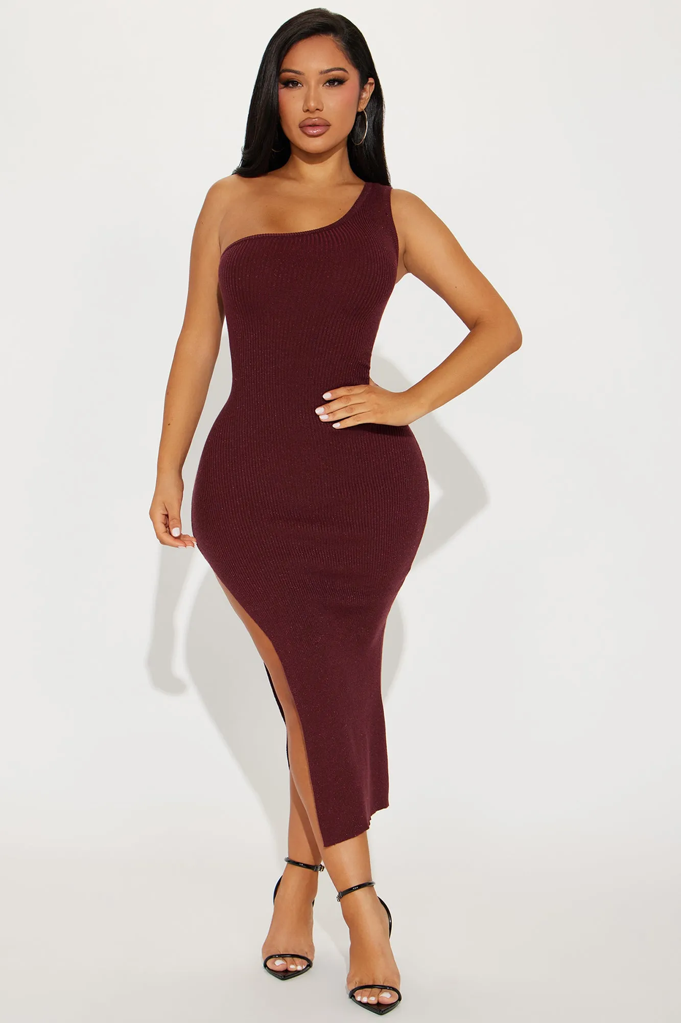 Milena Metallic Sweater Midi Dress - Wine