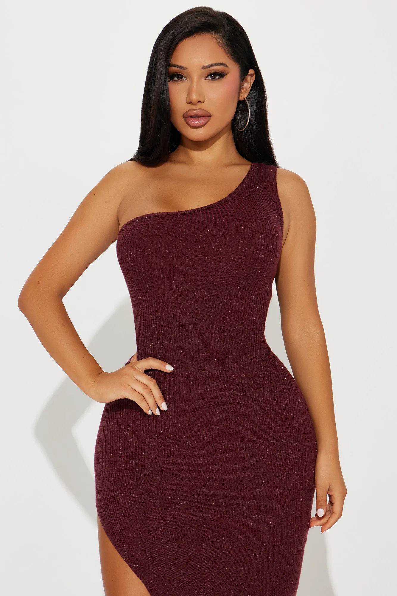 Milena Metallic Sweater Midi Dress - Wine