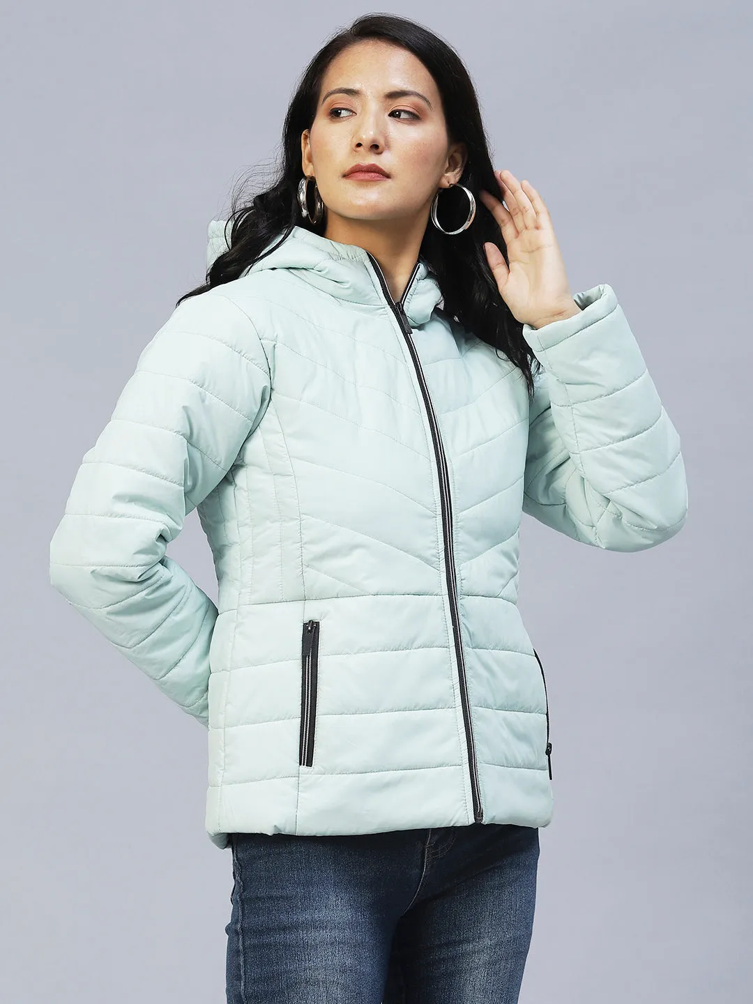 Mint Green Peplum Cut Puffer Jacket