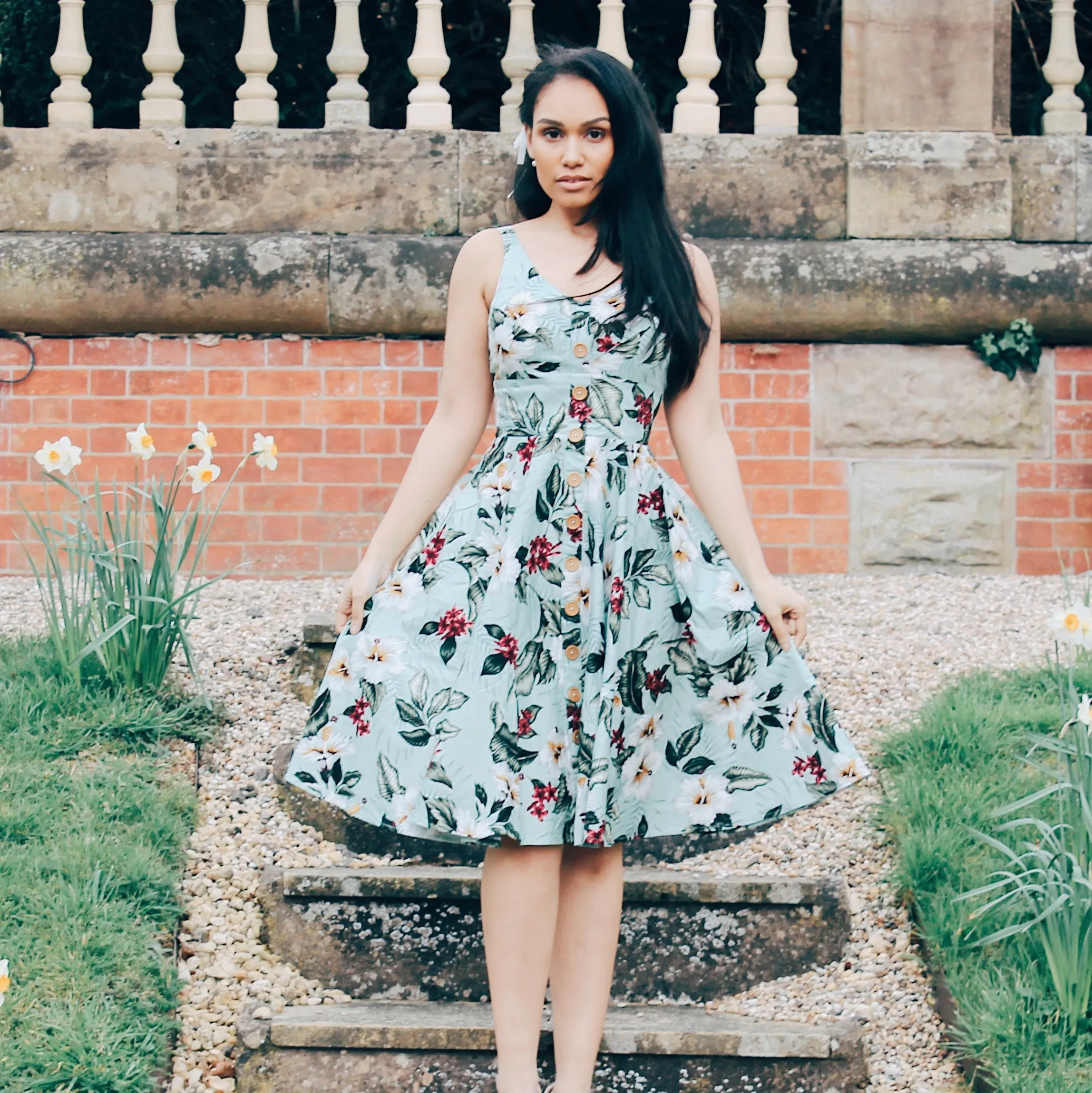 Mint Green Retro Vintage Floral Print Summer 50s Swing Dress