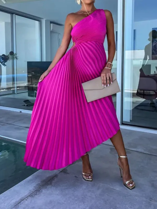 Momnfancy Chic Pleated Irregular Oblique Shoulder Cutout Bare Waist Party Babyshower Maternity Maxi Dress