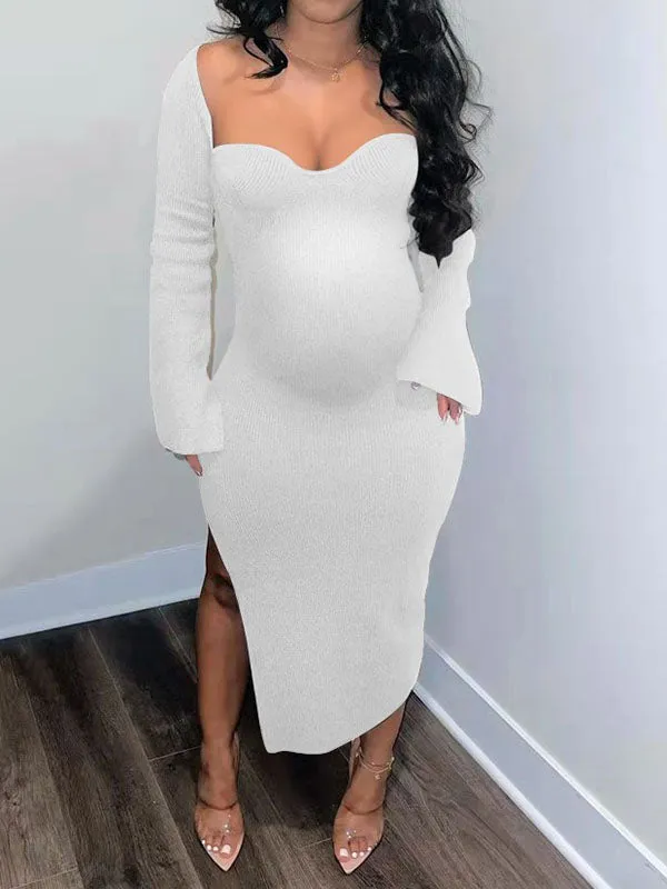 Momnfancy Heart Neck Long Sleeve Bodycon Plus Size Maternity Midi Dress