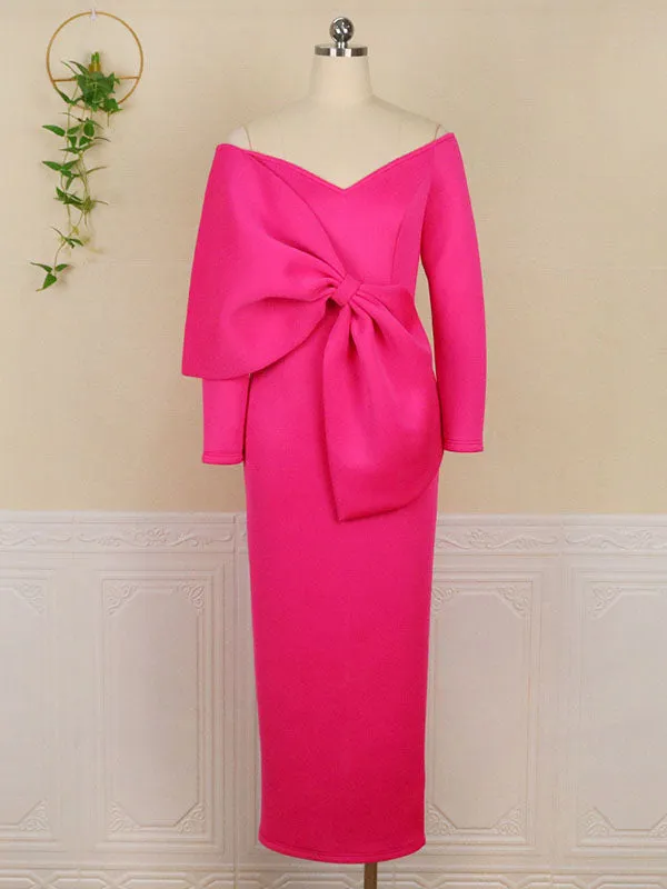 Momnfancy Pink Bow Baby Shower Off Shoulder V-neck Long Sleeve Bodycon Cute Maternity Midi Dress